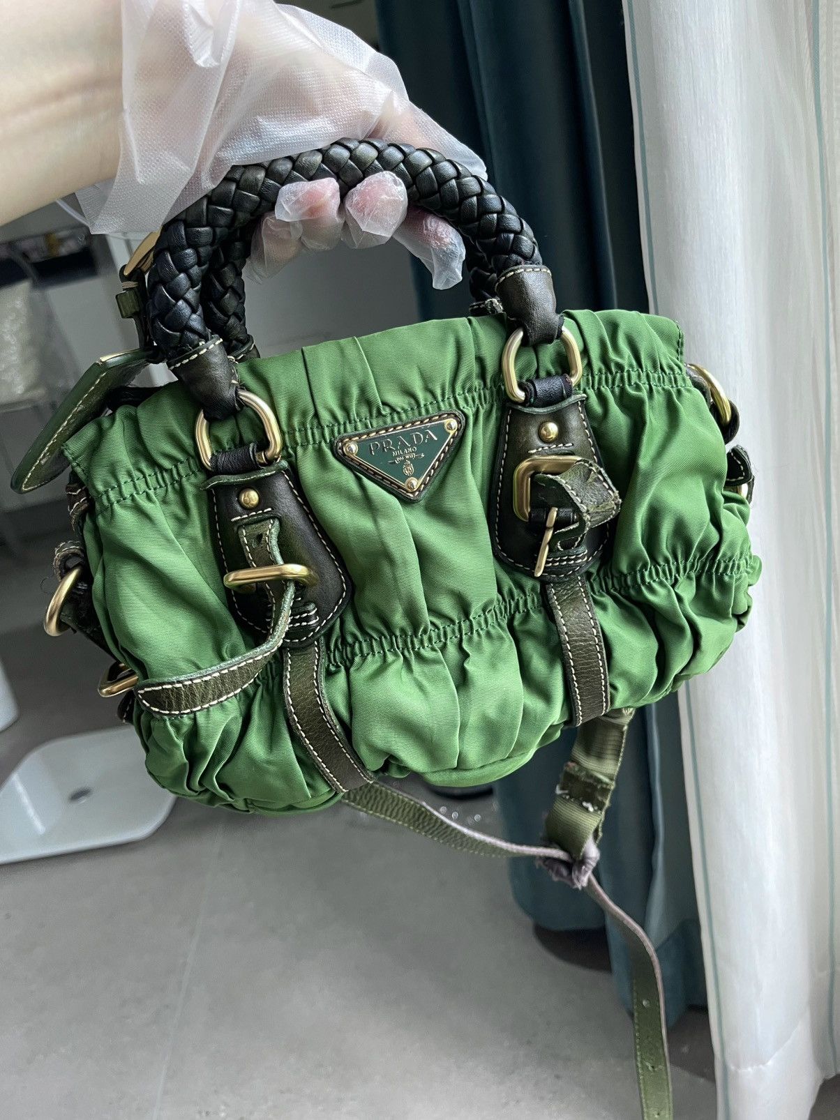 Prada Prada Ruched Nylon Handbag in Green Size ONE SIZE - 1 Thumbnail