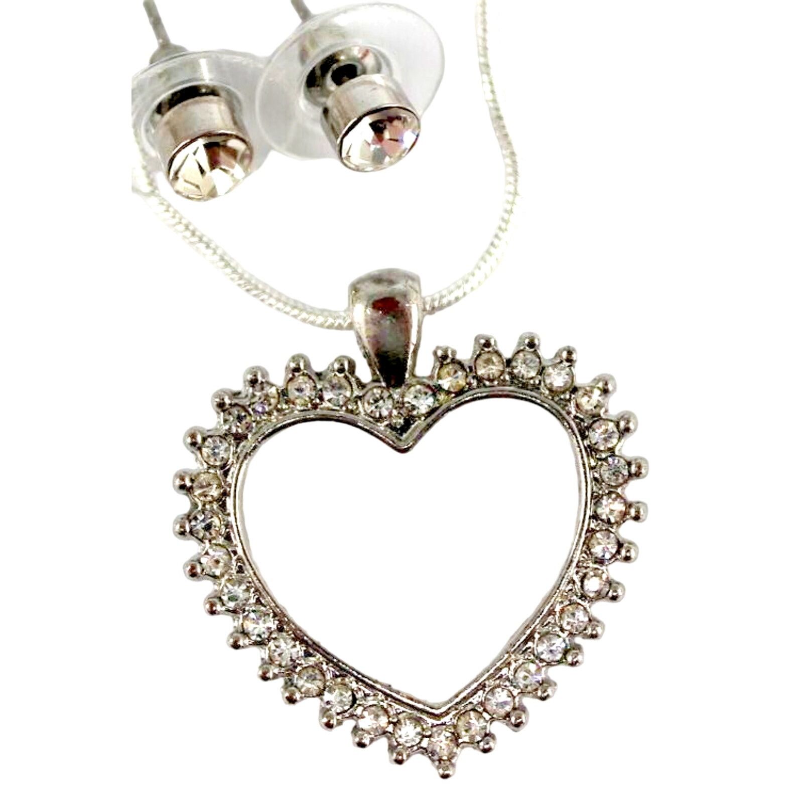 Other Vintage Rhinestone Heart Necklace & Stud Earrings •18" Chain Size ONE SIZE - 1 Thumbnail