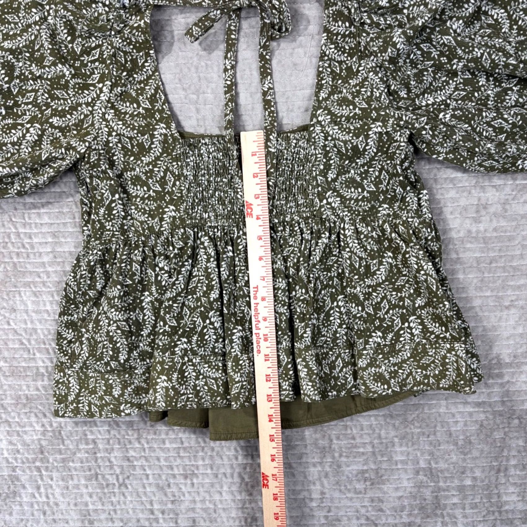 Vintage Pilcro Anthropologie Corduroy Peplum Top Olive Green Floral Puff Sleeve Large Size L / US 10 / IT 46 - 7 Thumbnail