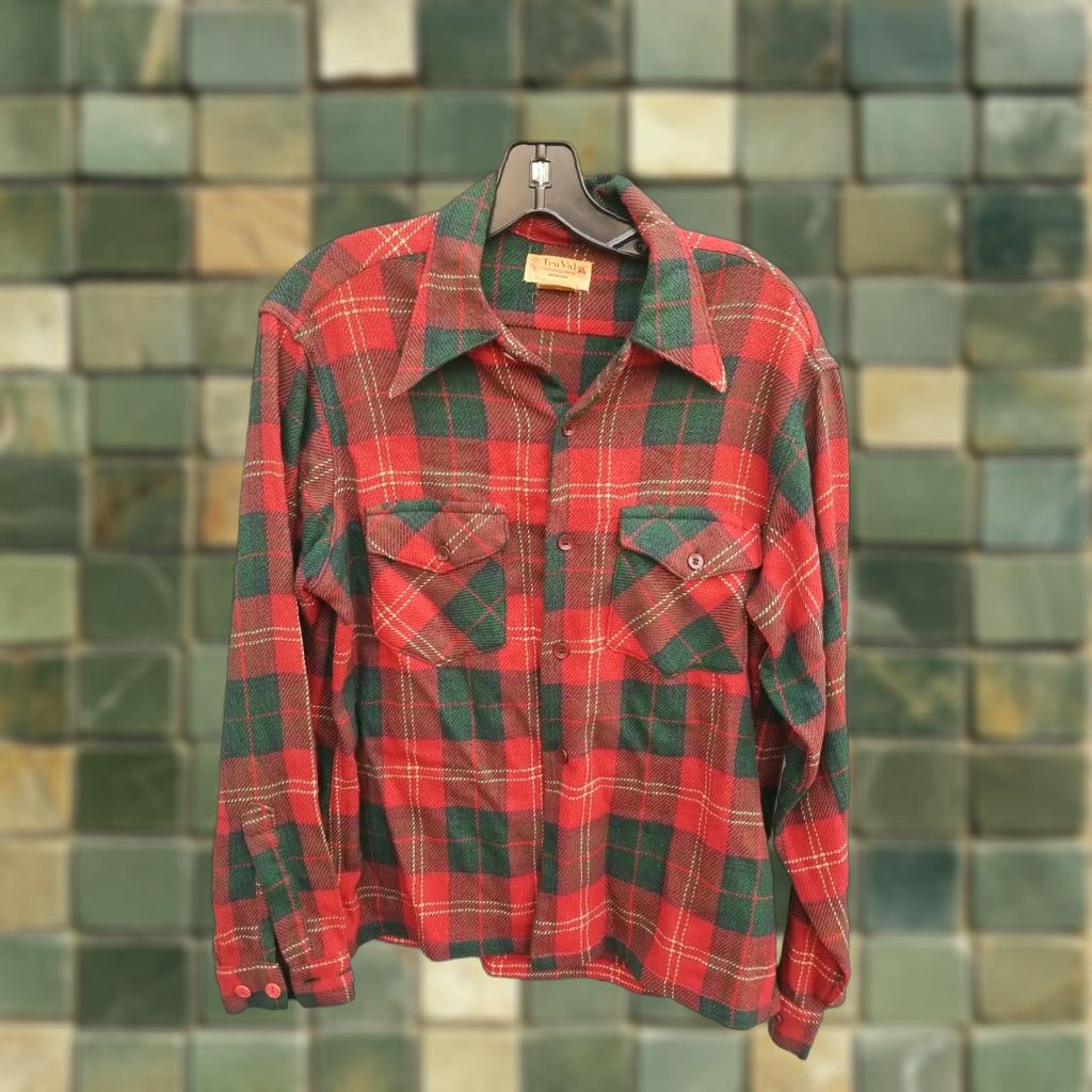 Vintage VINTAGE Tru Val Plaid Flannel Shirt Wool Rayon Button-Front Medium Red Rockabilly 1950s Mens Size US M / EU 48-50 / 2 - 1 Thumbnail