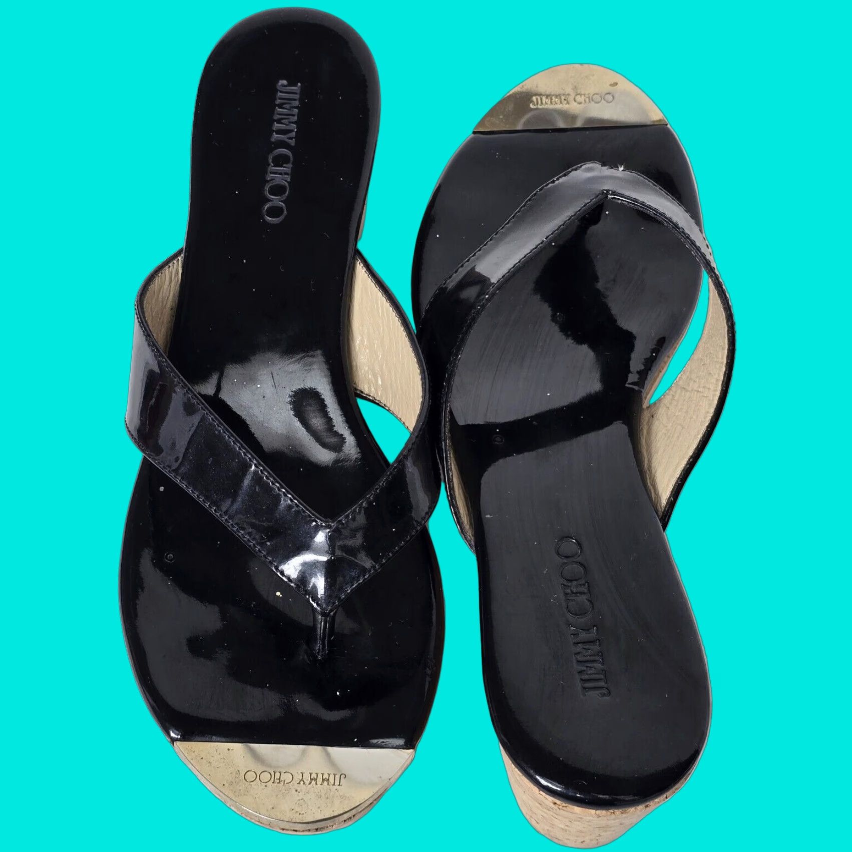 Jimmy Choo Black Patent Leather Thong Sandal Wedges Eu 37 Us 7 Womens