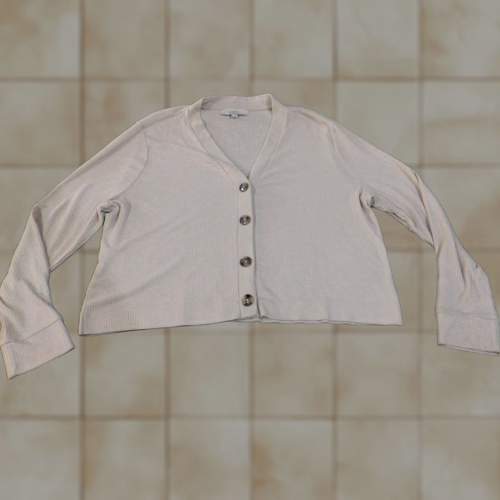 Loft LOFT Cardigan Sweater XL Beige Knit Rib Knit V-Neck Button Womens Stretch Regular Size XL / US 12-14 / IT 48-50 - 1 Thumbnail