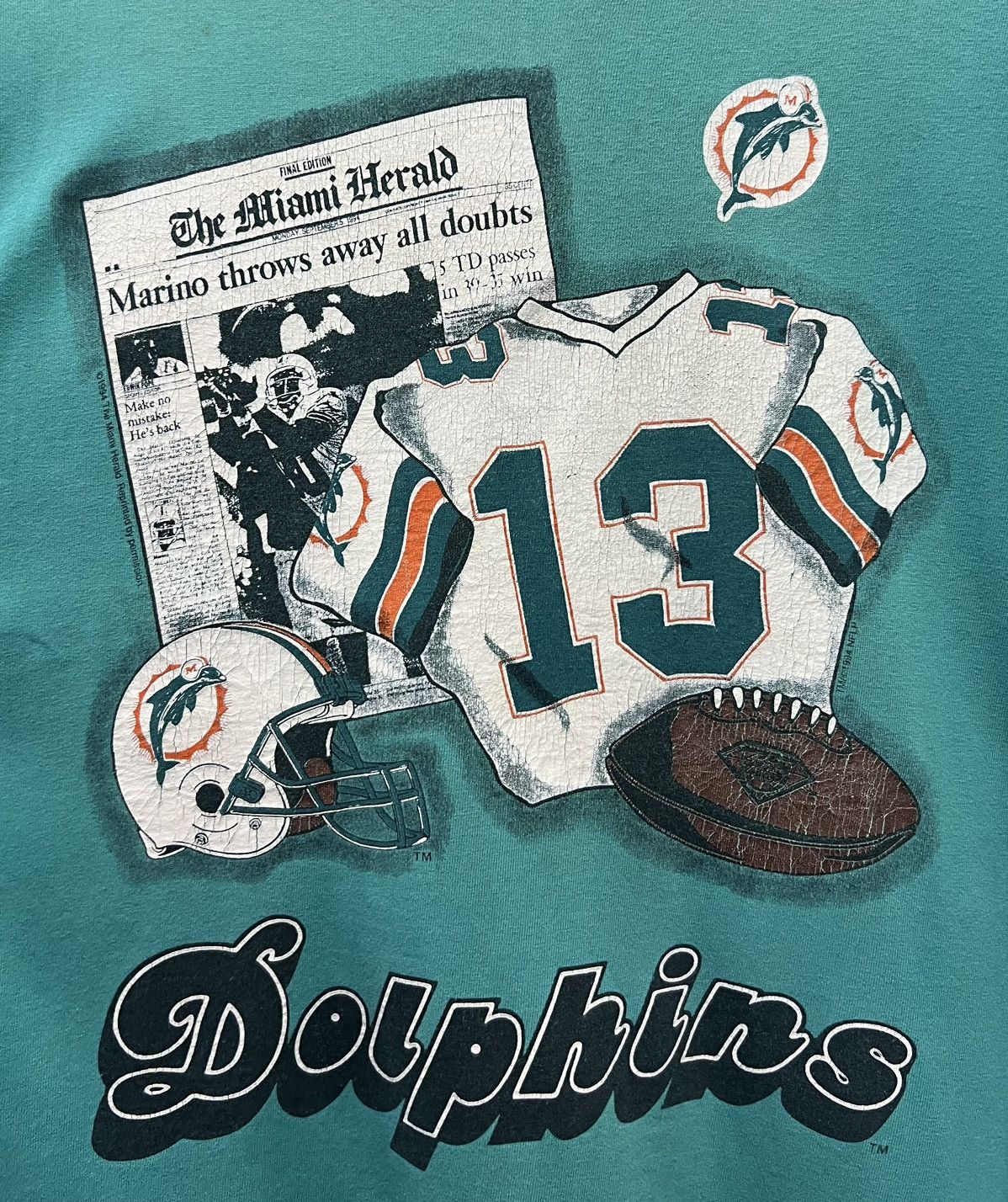NFL × Vintage VINTAGE 1994 THE MIAMI HERALD DOLPHINS MADE IN USA TEE SHIRT Size US XL / EU 56 / 4 - 3 Thumbnail