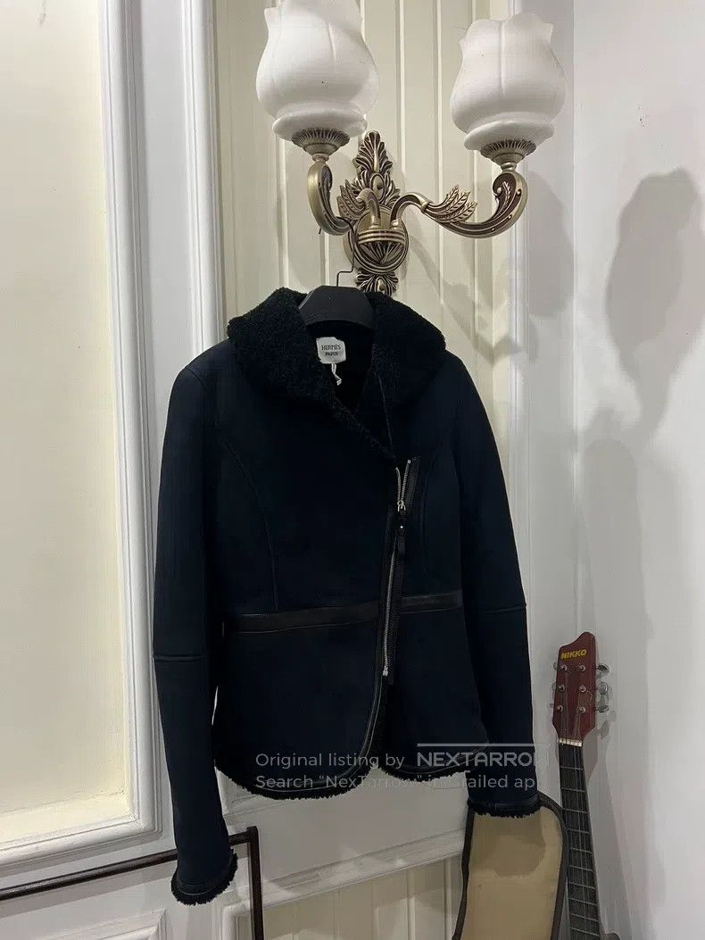 Hermes Leather and Fur Integrated Jacket Dark Blue