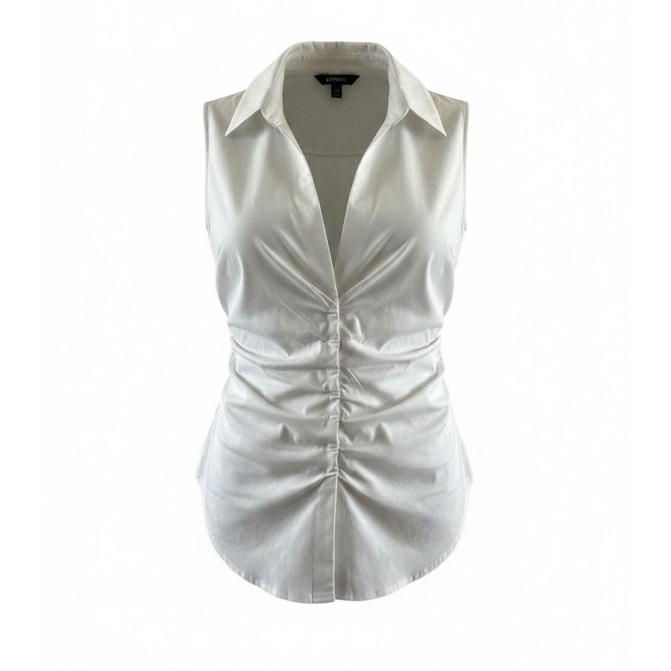 Express Express sleeveless deep plunge V-neck ruche blouse NWT Size L / US 10 / IT 46 - 2 Thumbnail