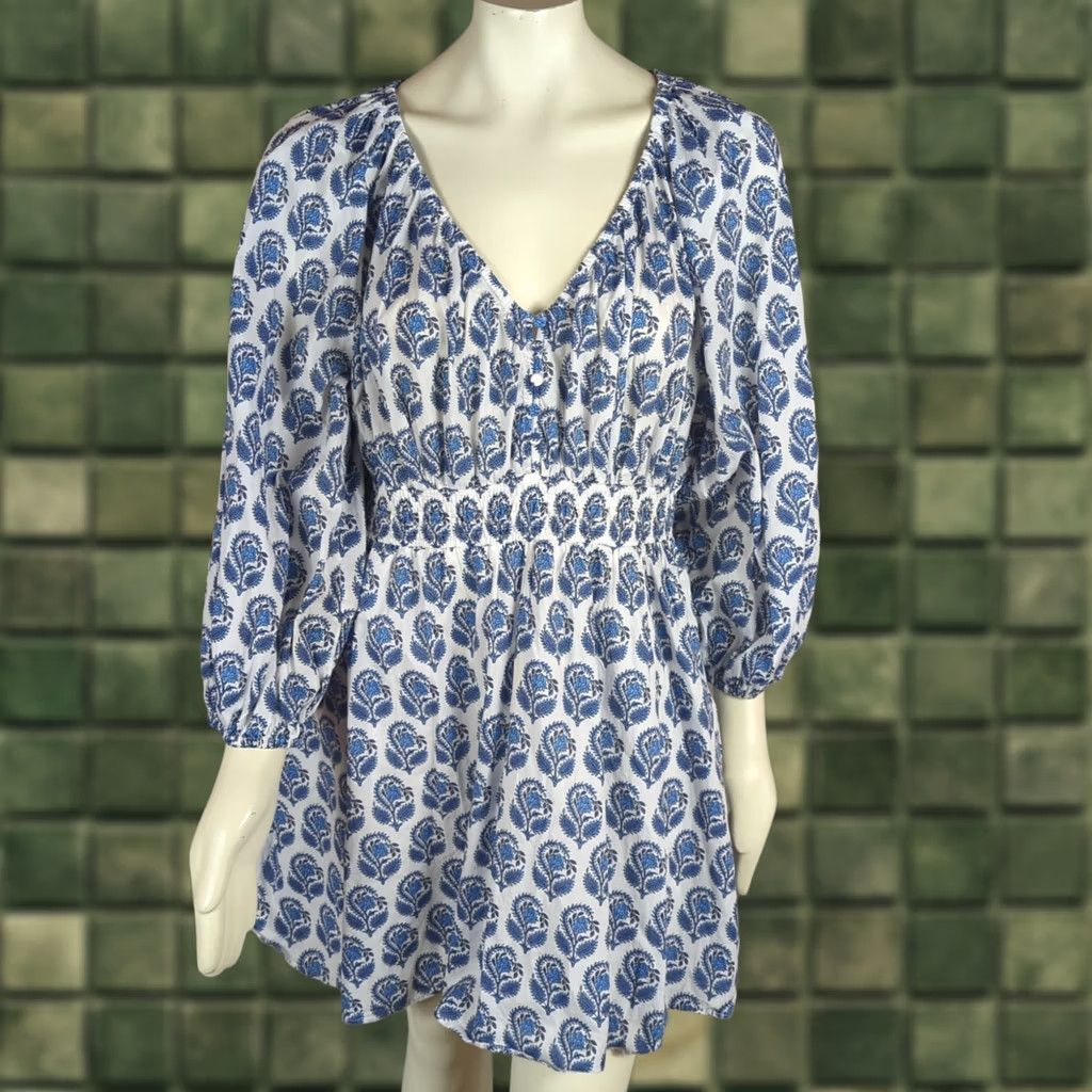 J.Crew J.CREW Mini Dress in Bandana Block Print Floral Blue L Boho Cottage Floral A-Line Short Sleeve Balloon Button V-Neck Casual Women Size L / US 10 / IT 46 - 1 Thumbnail