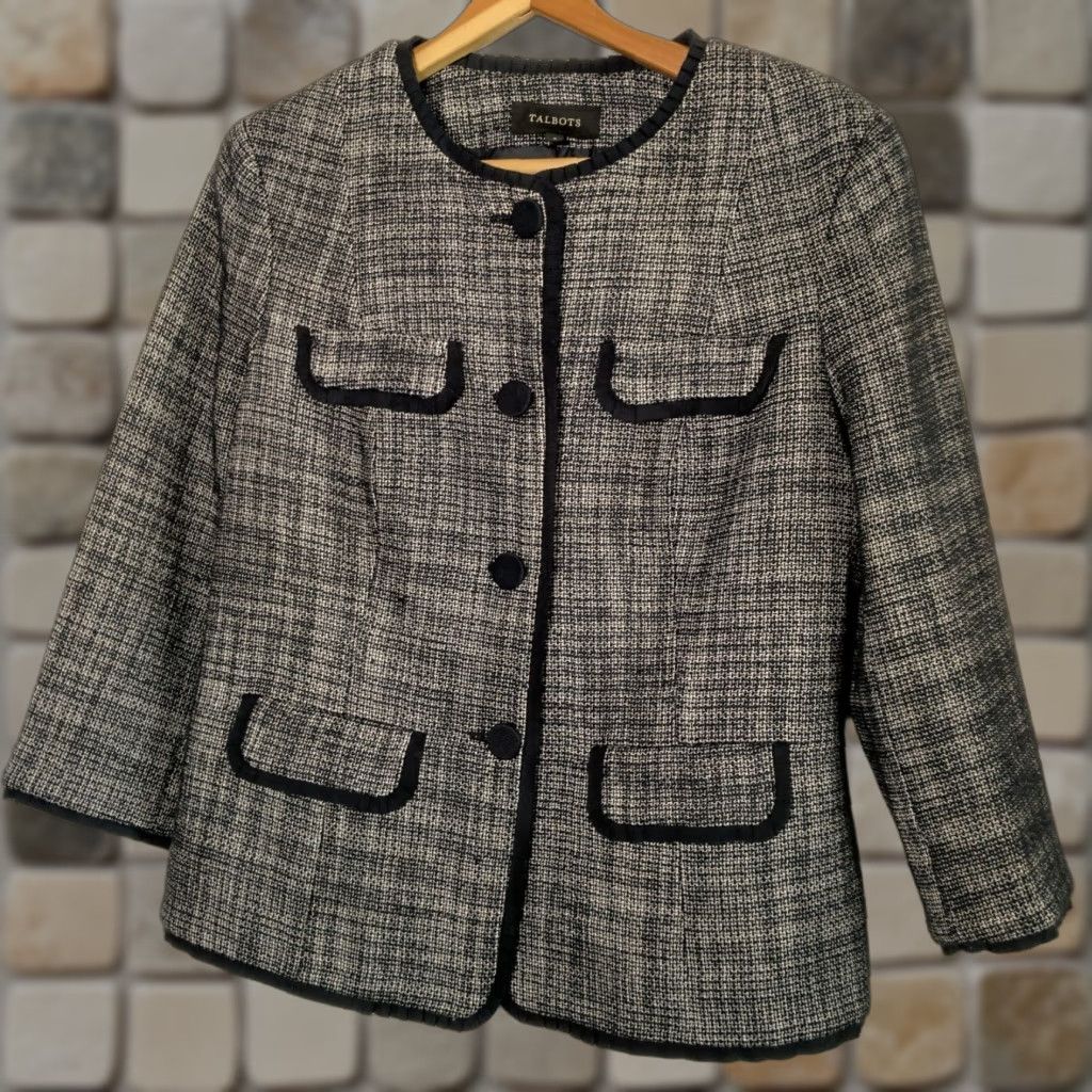 Talbots VINTAGE Talbots Blazer Jacket Women Size 8 Navy Blue Tweed Lined Buttoned Four-Button Ruffled Trim Professional Church Business 90s Women Size M / US 6-8 / IT 42-44 - 1 Thumbnail