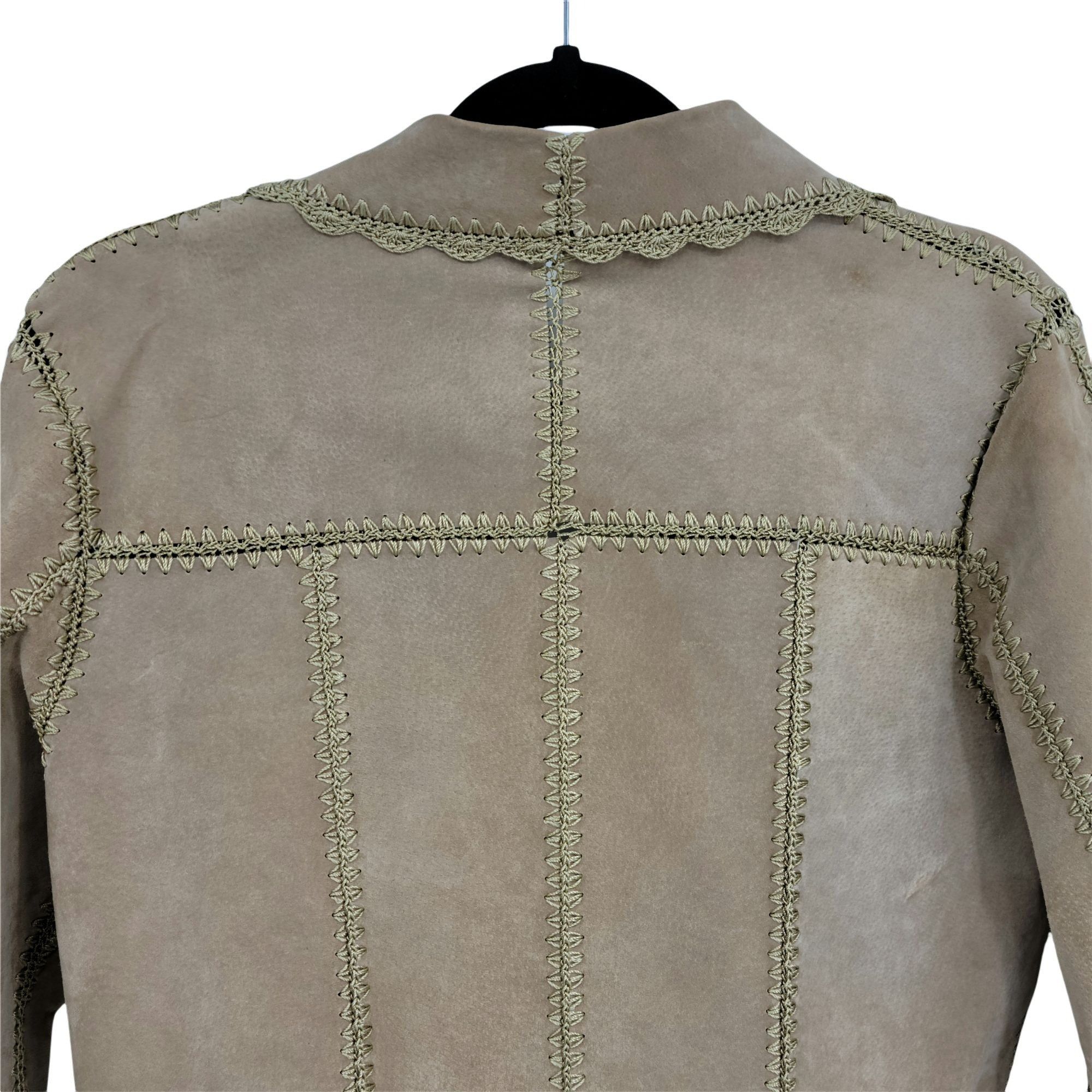 Vintage Vtg Boho Leather Shacket Jacket Sz M Tan Crochet Patchwork S Size M / US 6-8 / IT 42-44 - 9 Thumbnail