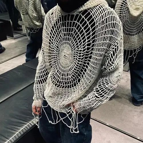 VIBE Y2K Spider Web with Holes Hooded Pullover Knitted Sweater Size US L / EU 52-54 / 3 - 1 Thumbnail