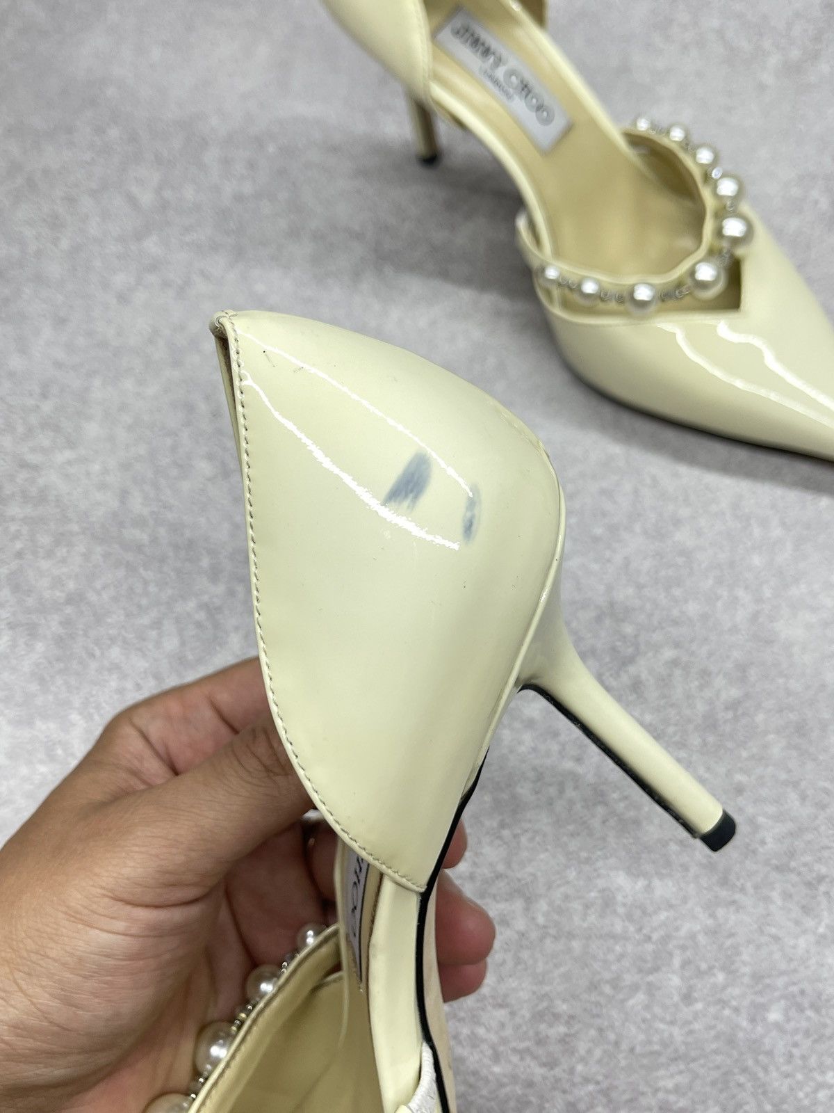 Jimmy Choo Jimmy Choo Beige Patent Leather Aurelie 85 Pump Heels Size US 9 / IT 39 - 11 Thumbnail