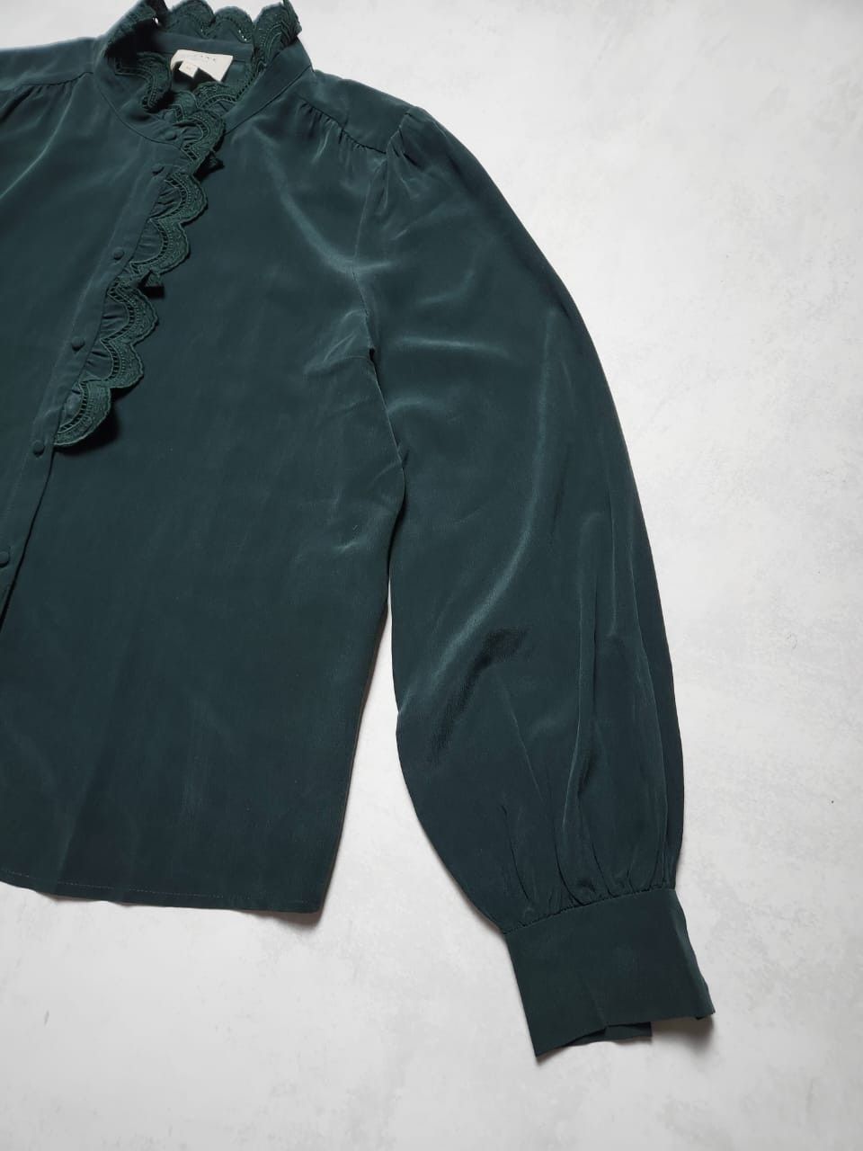 Sezane Sezane Silk Blouse Bottle Green Shirt Ruffle Trim Size M / US 6-8 / IT 42-44 - 6 Thumbnail