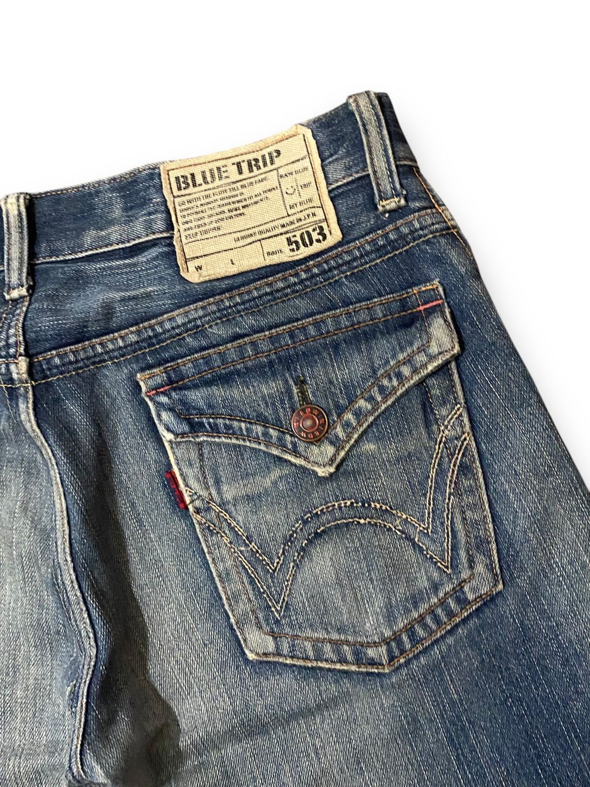 Edwin × Le Grande Bleu (L.G.B.) FLARE Edwin 503 Blue Trip Dirty Wash Distressed Jeans Size US 37 - 9 Thumbnail
