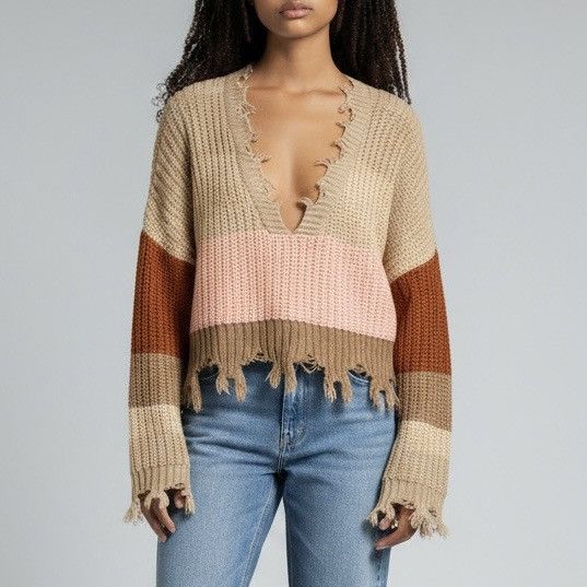 Other Storia color block striped distressed V neck cropped sweater Size L / US 10 / IT 46 - 1 Thumbnail