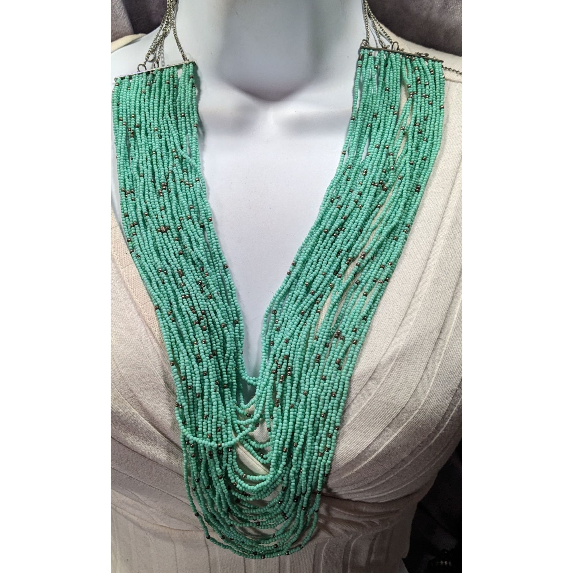 Other Multilayer Turquoise And Silver Tone Glass Beaded Necklace Size ONE SIZE - 4 Thumbnail