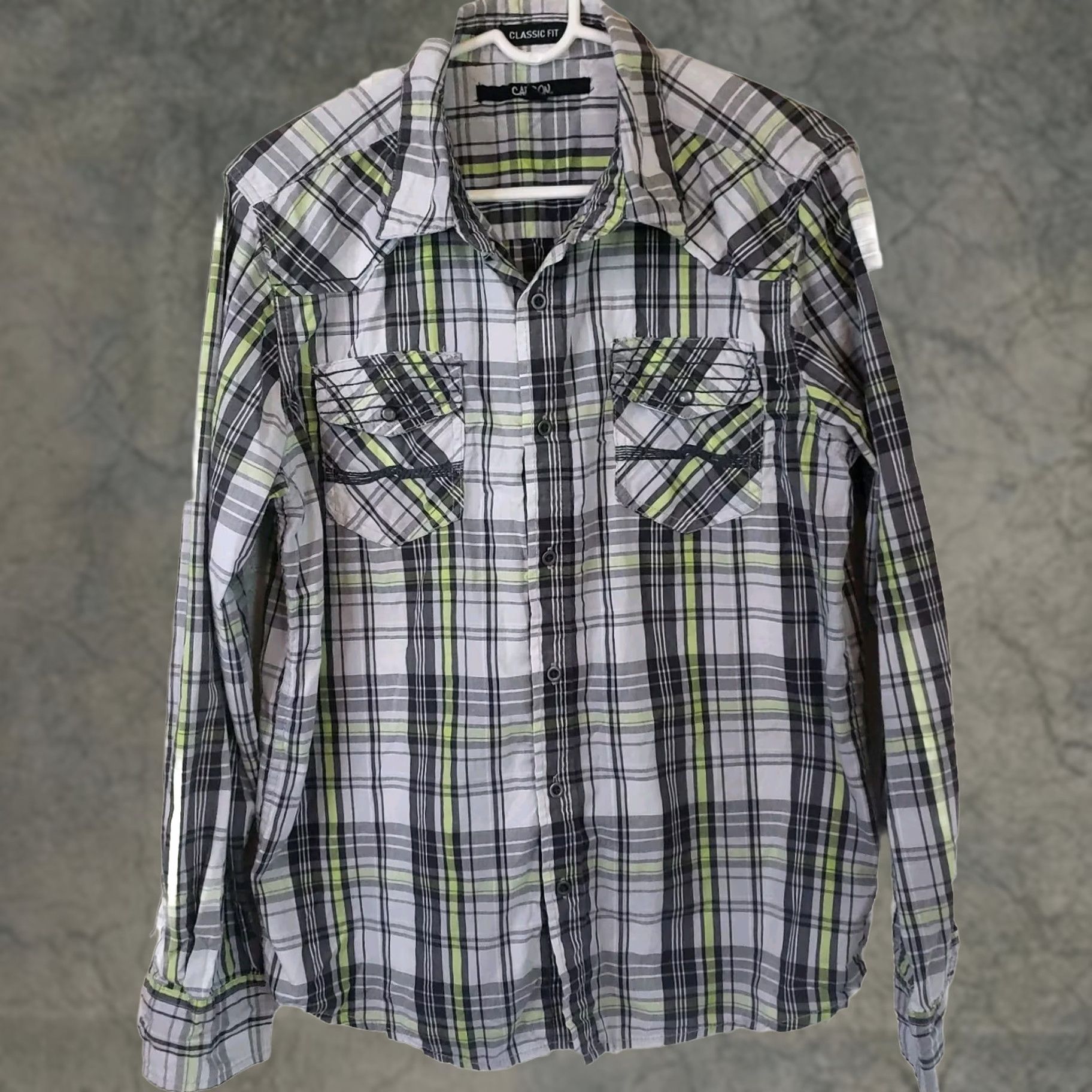 Carbon Carbon Men's M Button-Up Shirt Long Sleeve Plaid Grey Lime Multicolor Classic Fit Size US M / EU 48-50 / 2 - 1 Thumbnail