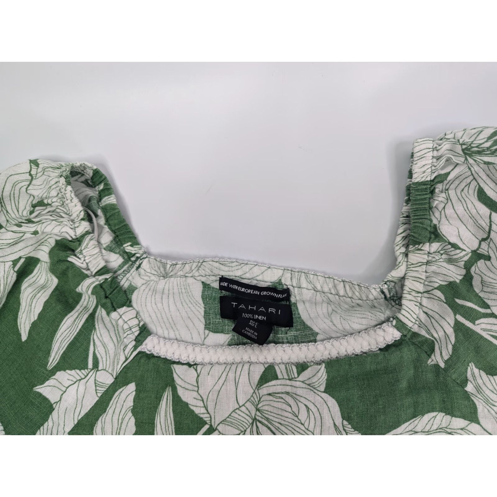 Vintage Tahari Linen Blouse Cropped Off the Shoulder Green 3/4 Sleeve Floral Size L Womens Size L / US 10 / IT 46 - 6 Thumbnail