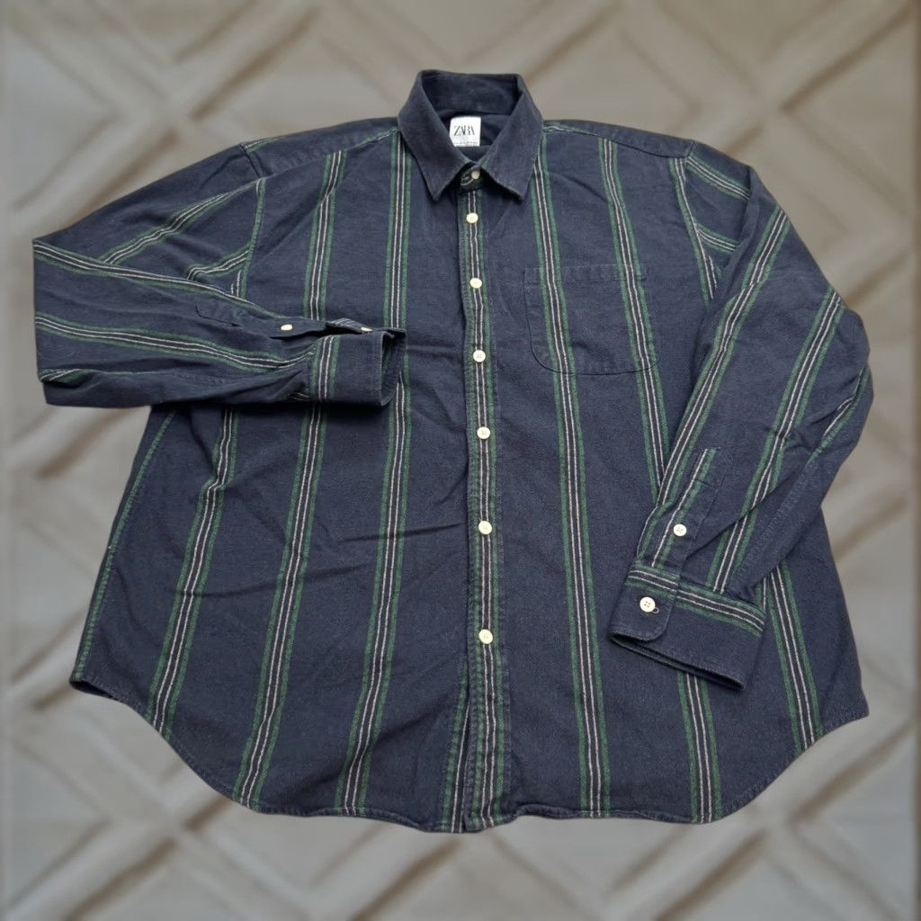 Zara VINTAGE? No. Zara Button-Up Shirt Mens XL Striped Flannel Cotton Blue Green Casual Long Sleeve Fall Spring Winter 50 in Chest Regular Mens Size US XL / EU 56 / 4 - 1 Thumbnail