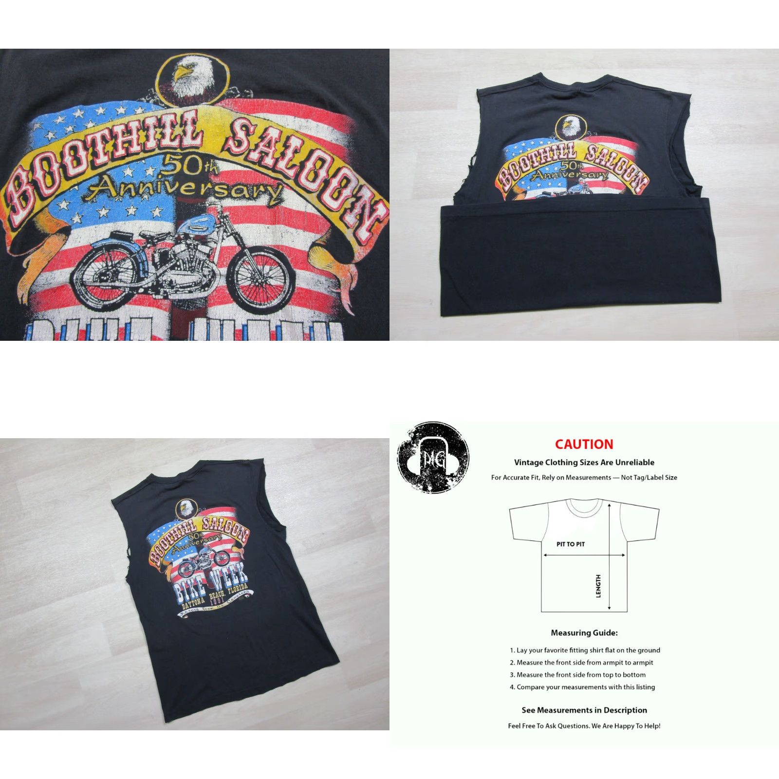 VINTAGE Boothill Saloon Daytona Beach 90s Graphic Pocket T Shirt (L) Motorcycle Shirt Men Black Cotton