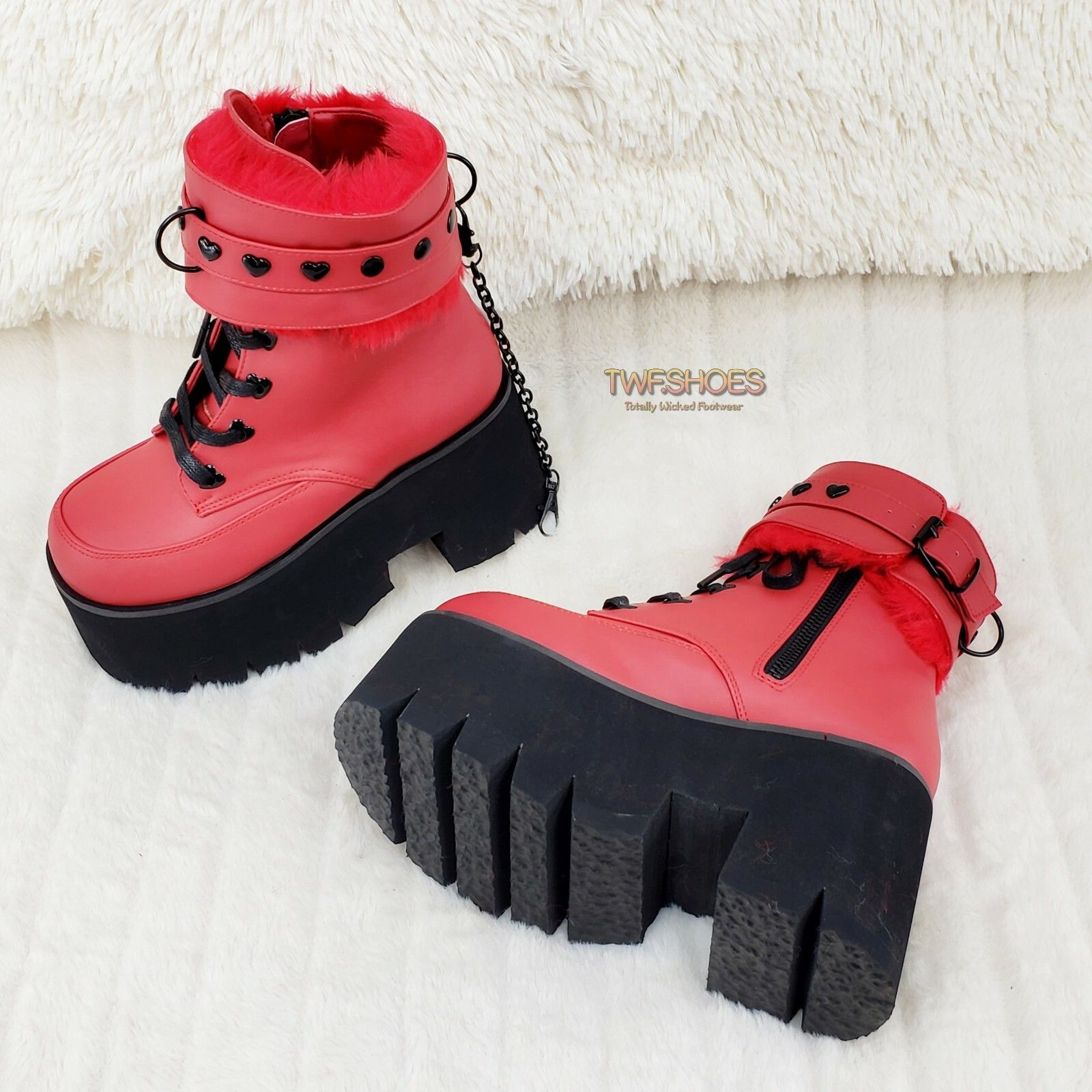 Other Ashes 57 RED Heart Studs 3.5" Platform Goth Boots Fur Lined Size US 10 / IT 40 - 5 Thumbnail