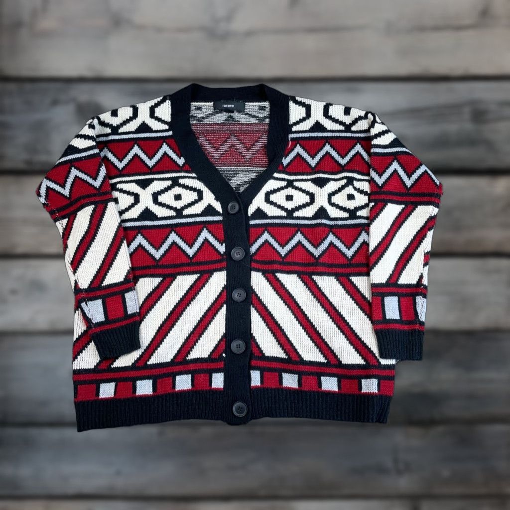 Forever 21 FOREVER 21 Geometric Pattern Cardigan Women's M Red White Black Sweater Size M / US 6-8 / IT 42-44 - 1 Thumbnail