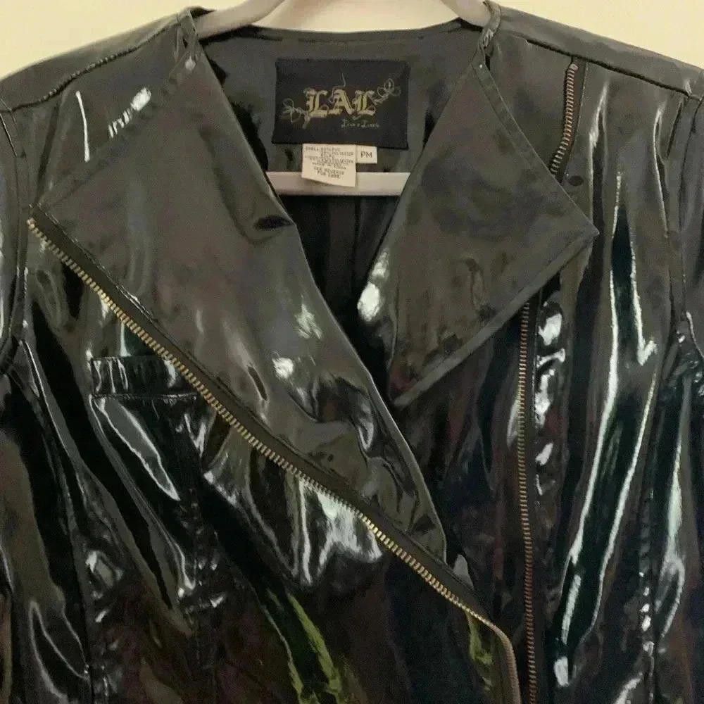 Designer LAL Live a Little Black Shiny Moto Jacket Size M / US 6-8 / IT 42-44 - 4 Thumbnail