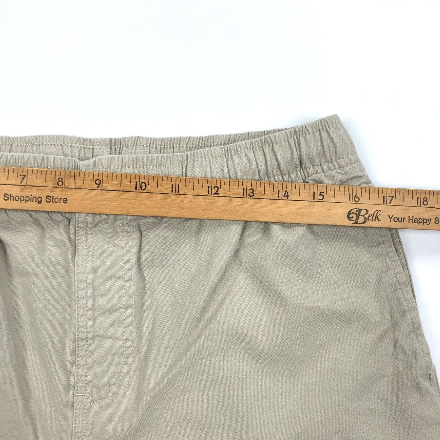Vintage FREE FLY Men's Tan Khaki Drawstring Elastic Waist Shorts L Canvas Stretch Chino Casual Pockets, 32-36 Rise Mid Summer Spring Men Size US 33 - 7 Thumbnail