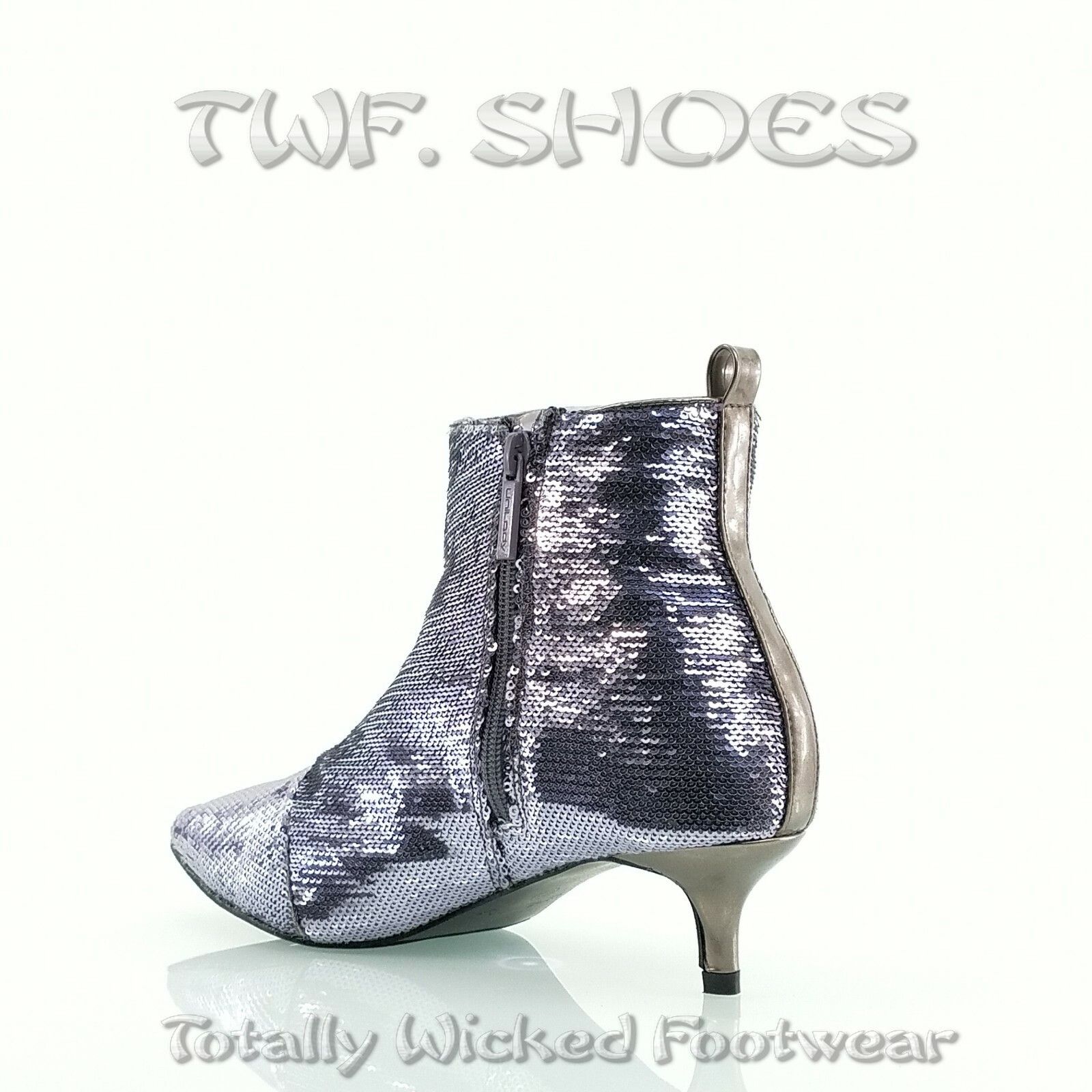 Other Harmoni Pewter Sequin Pointy Toe 1.5" Kitten Heel Ankle Boot Size US 8 / IT 38 - 4 Thumbnail