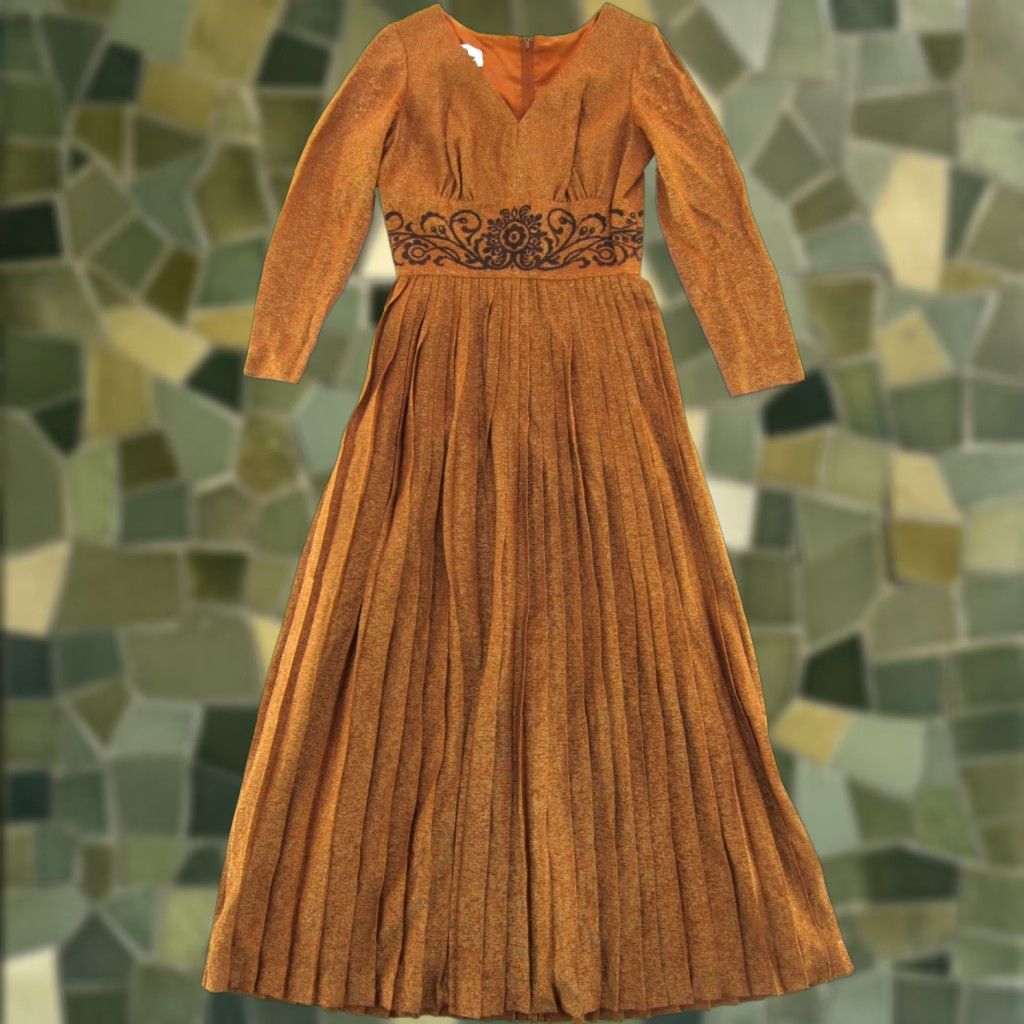 Vintage VTG Alfred Shaheen Gown Dress Long Sleeve Bronze Metallic Gold Pleated Vintage 1960's 10 Women Dress Size L / US 10 / IT 46 - 1 Thumbnail
