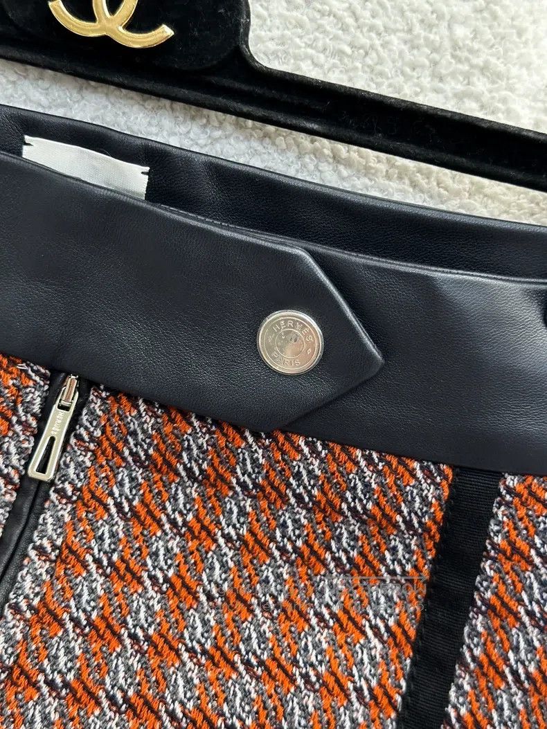 Hermes Hermes Orange Gray Plaid Soft Wool and Leather Edge Skirt Size 24" / US 00 / IT 34 - 2 Thumbnail