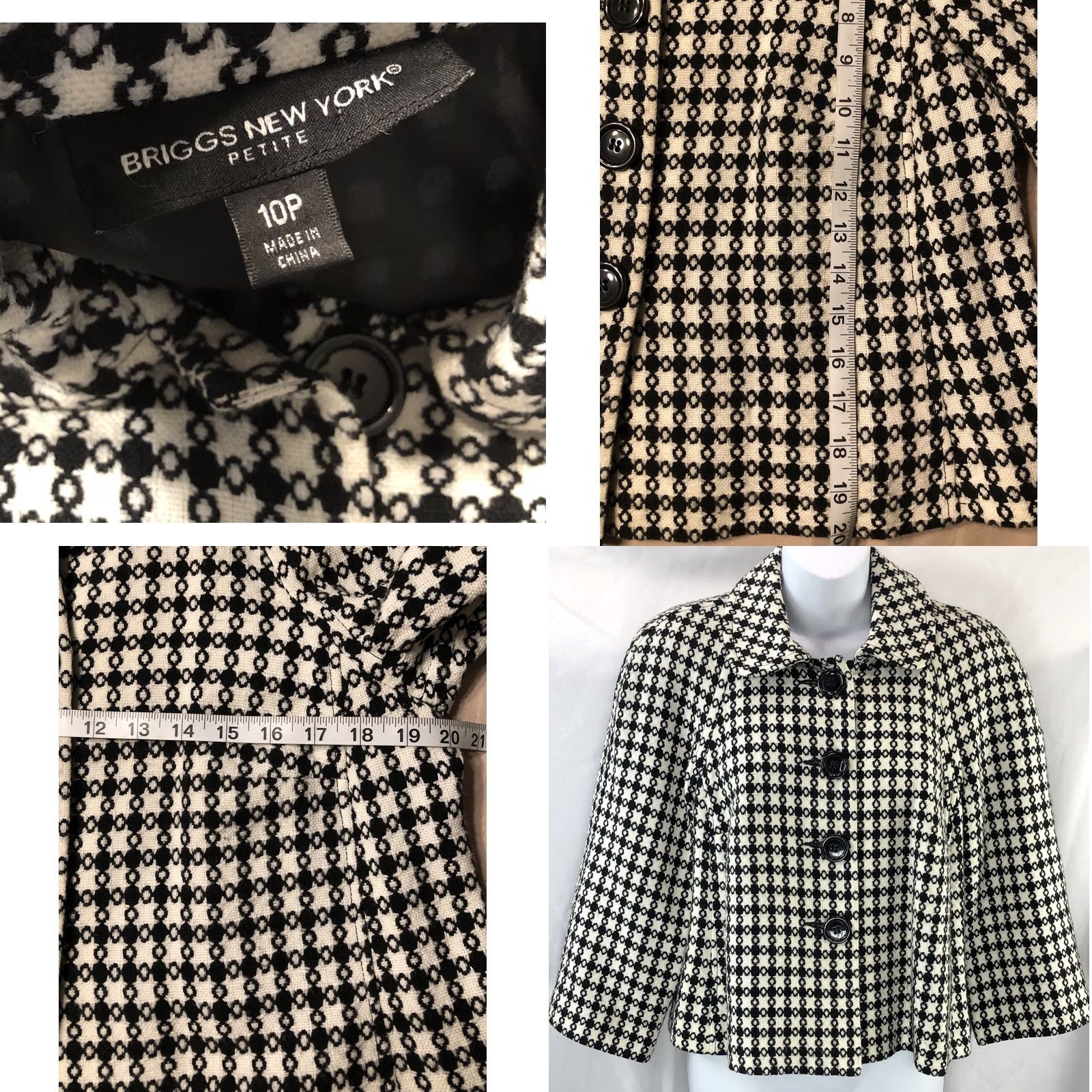 Vintage VINTAGE Briggs New York Blazer Jacket 10P Black White Houndstooth Wool Blend Shawl Short 3/4 Sleeve Womens 40 Chest Vintage 90s Career Work Wear N/A Size L / US 10 / IT 46 - 8 Thumbnail