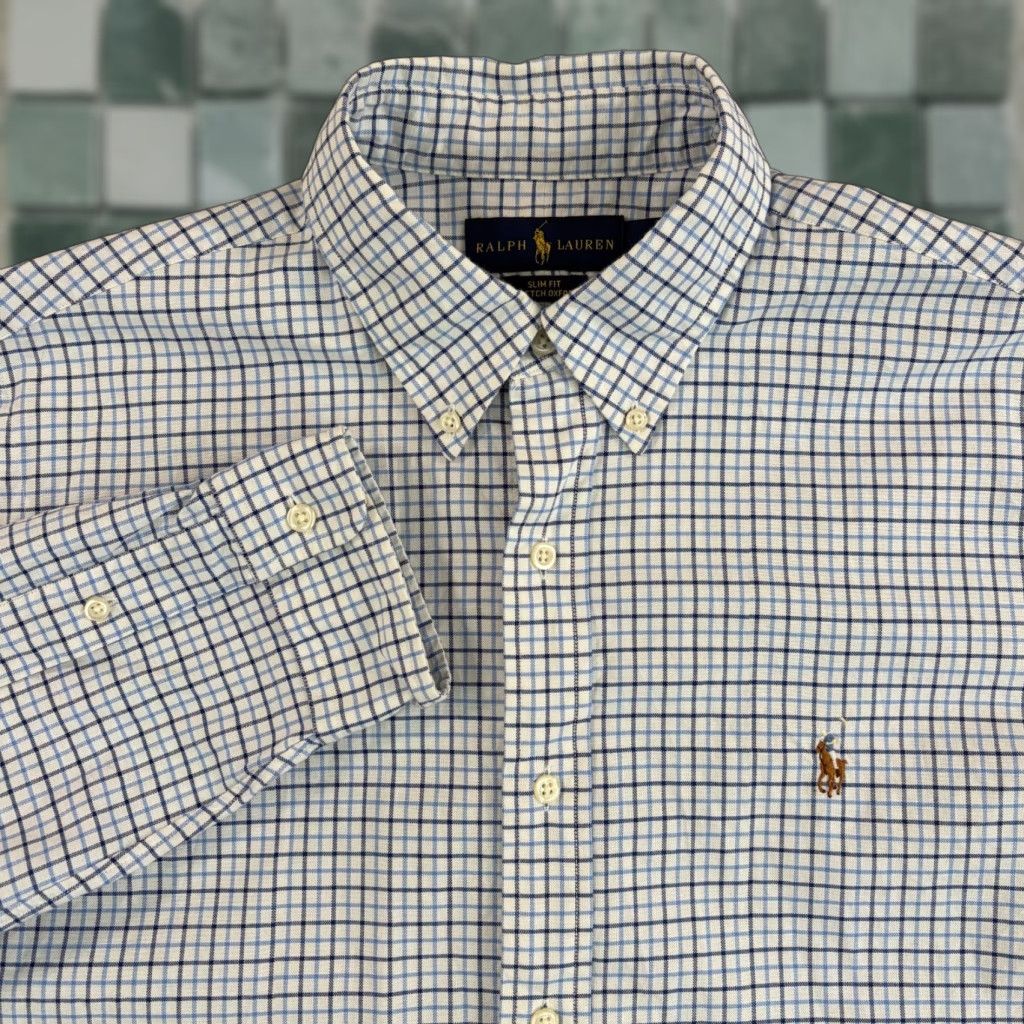 Polo Ralph Lauren Polo Ralph Lauren Stretch Oxford Shirt Men Large Blue Plaid Slim Fit Button-Up with Stretch Wool? Size US L / EU 52-54 / 3 - 1 Thumbnail