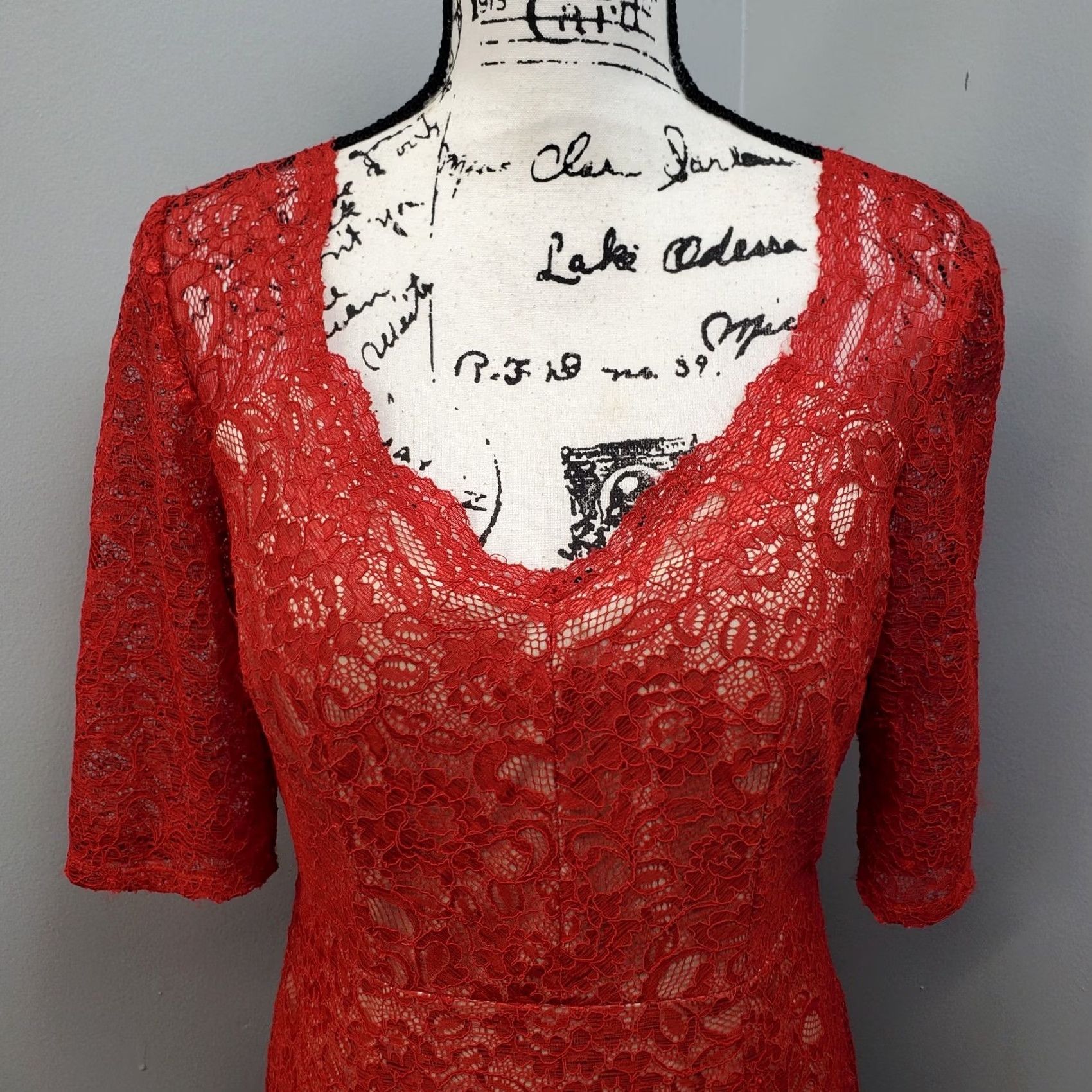 Vintage Jax Woman Red Tan Lace Overlay Knee Length 3/4 Sleeve Sheath Dress Size 10 Back Zip** Size L / US 10 / IT 46 - 3 Thumbnail