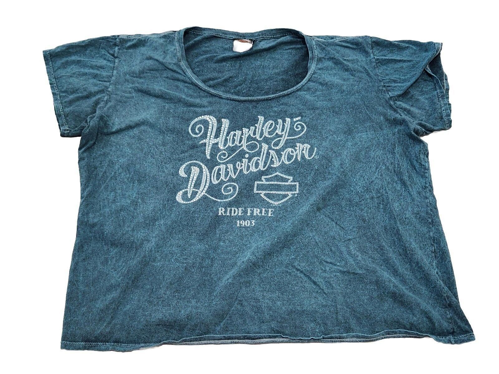 Designer Harley Davidson Shirt 2x Plus Blue Heathered Rhinestones Size ONE SIZE - 1 Thumbnail