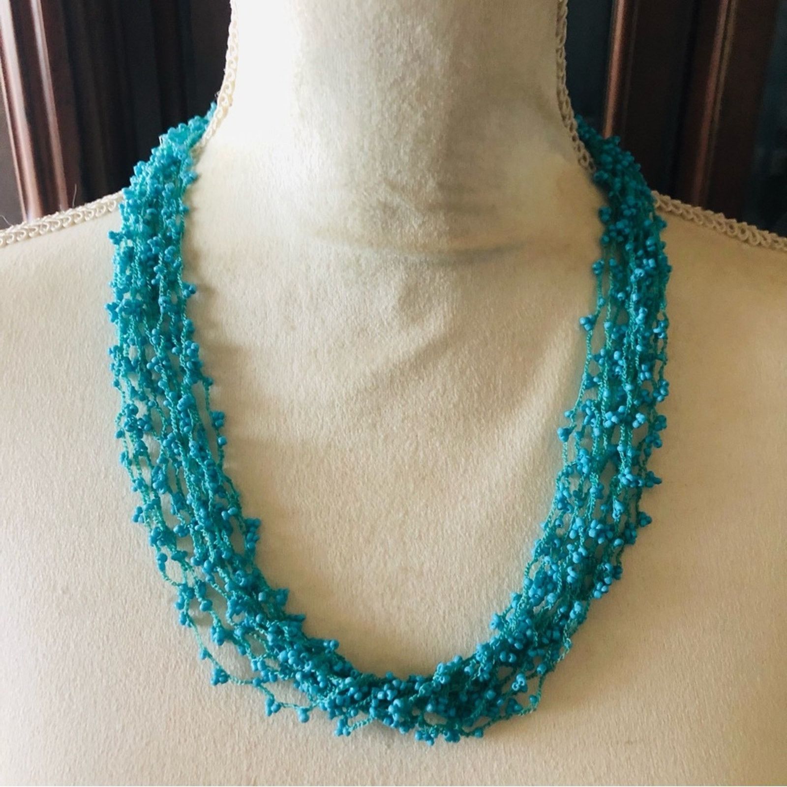 Handmade Handcrafted turquoise tone multi strand beaded necklace Size ONE SIZE - 4 Thumbnail