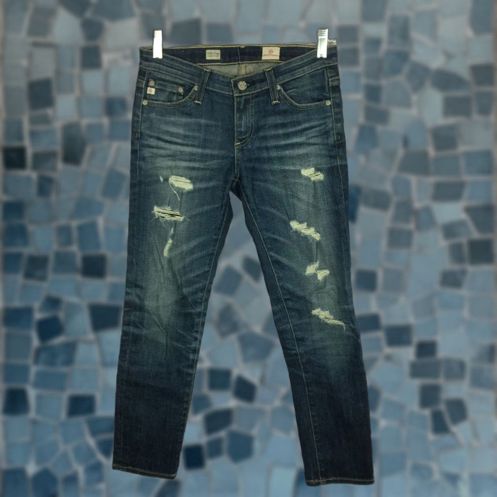 AG Adriano Goldschmied Stilt Cigarette Crop Jeans 25 Womens Distressed Low Rise Blue Denim Cotton Blend Regular Jeans Crop 7.5