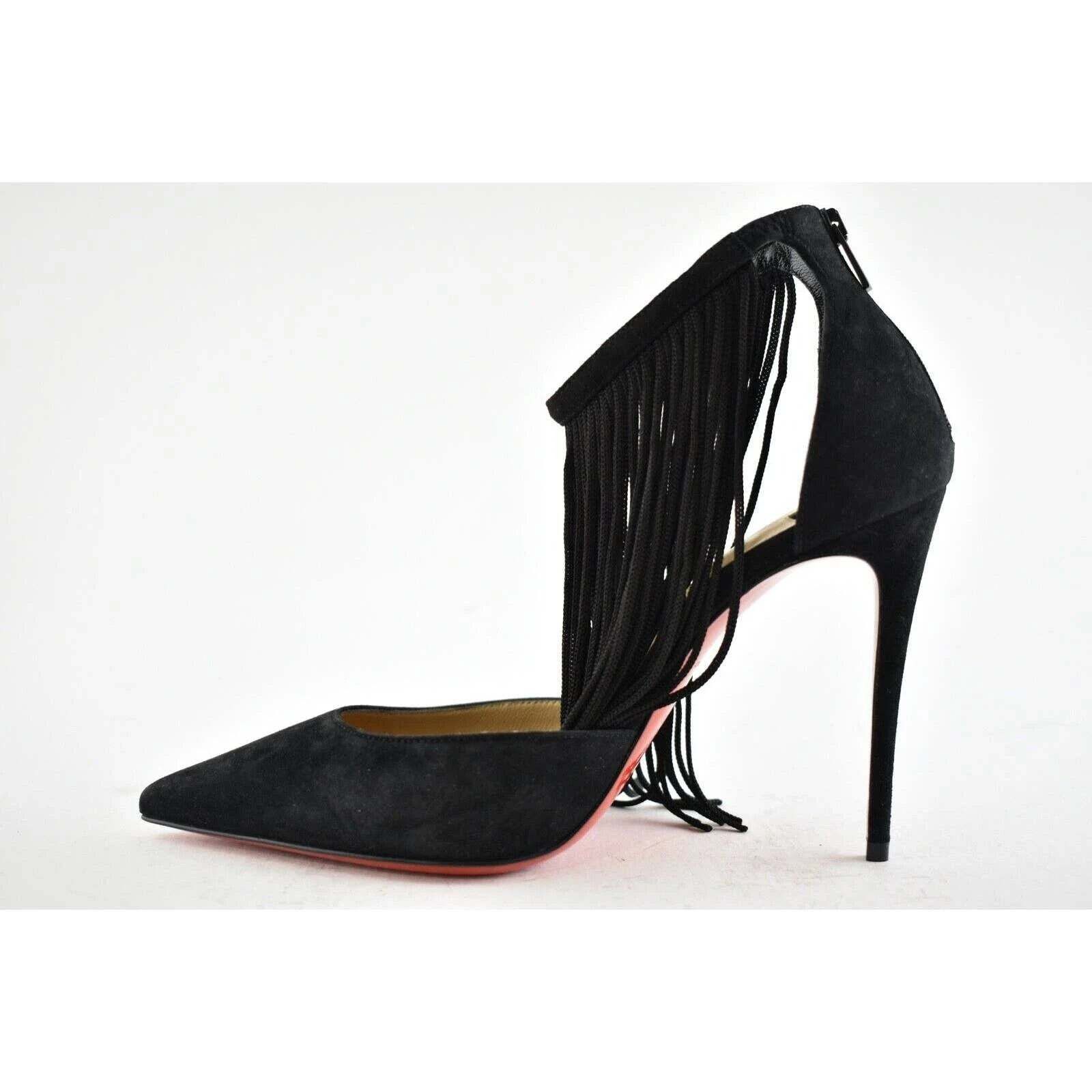 Christian Louboutin Courtain 100 Black Fringe Ankle Strap Sandal Heel Pump 36 Size US 6 / IT 36 - 8 Thumbnail