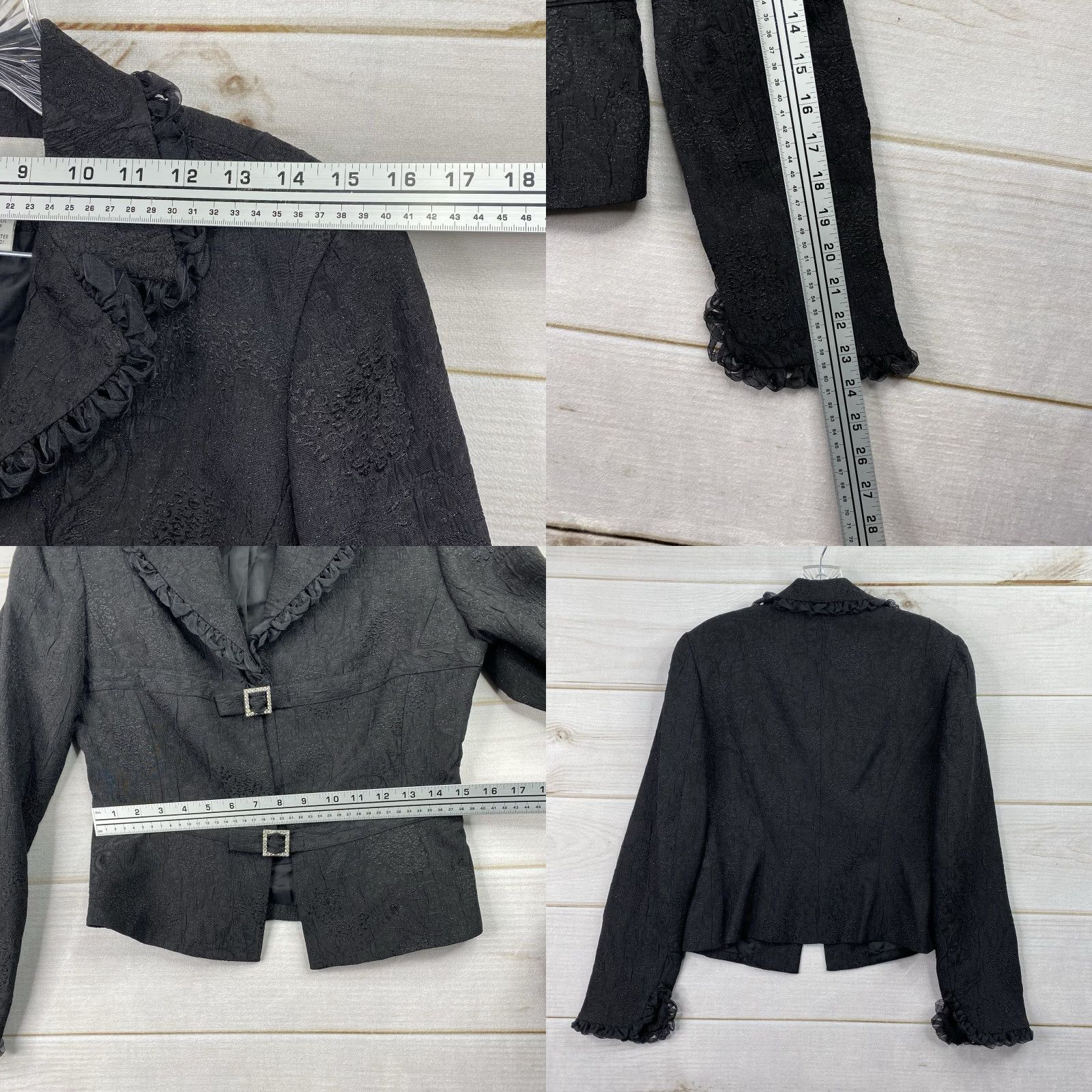 Vintage VINTAGE Spiegel Blazer Womens 4 Black Metallic Textured Lined Ruffled Trim Y2K 90s Blazer Womens 4 Black Size S / US 4 / IT 40 - 8 Thumbnail