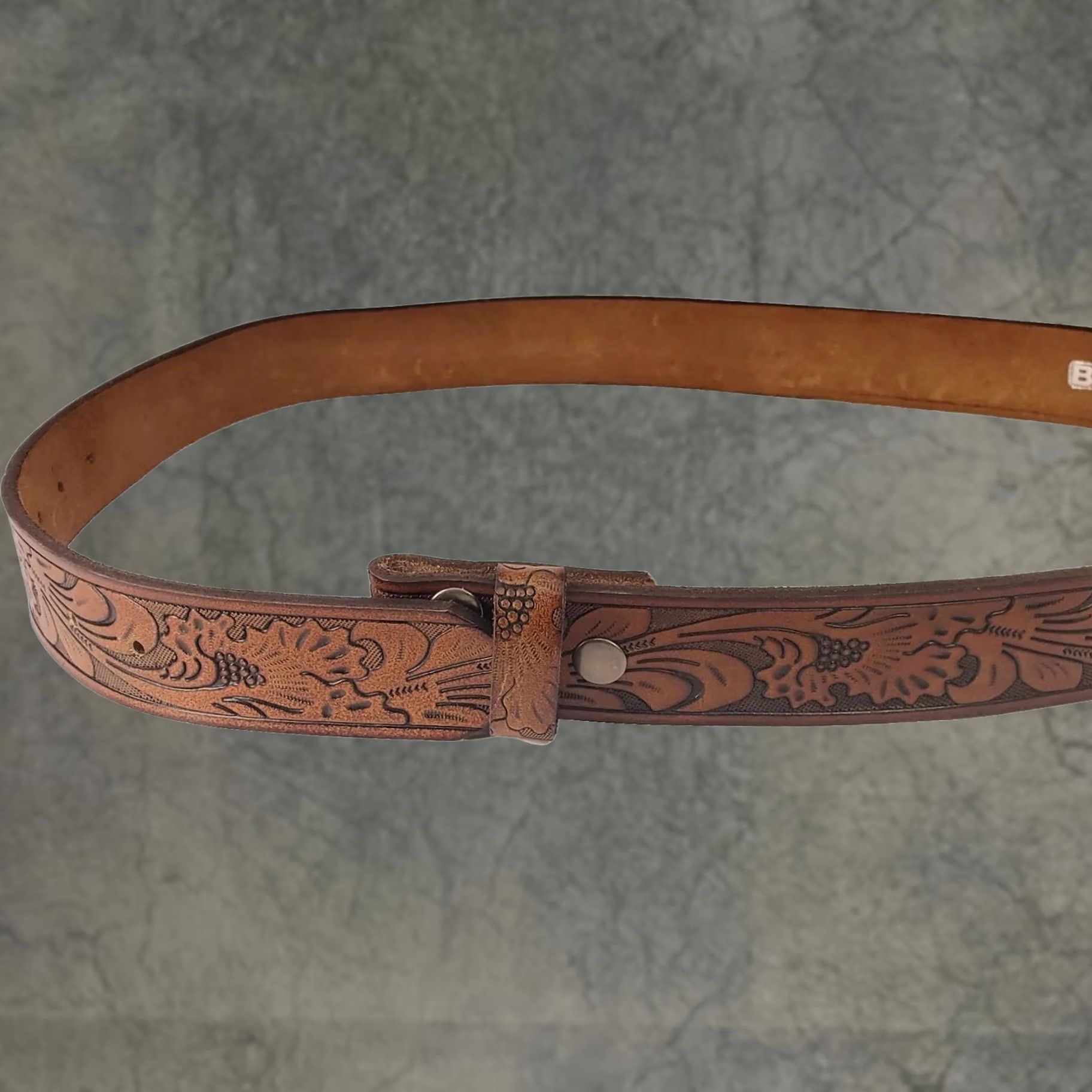 Vintage Belts.Com Western Belt 38 Brown Full Grain Leather Floral Engraved Tooling Men Regular 1.5" Belt Buckleless Size 38 - 1 Thumbnail