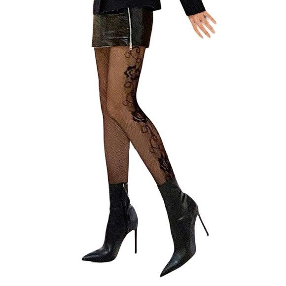 Other Women Black Side Rose Fishnet Hollow Out Stocking Size ONE SIZE - 3 Thumbnail