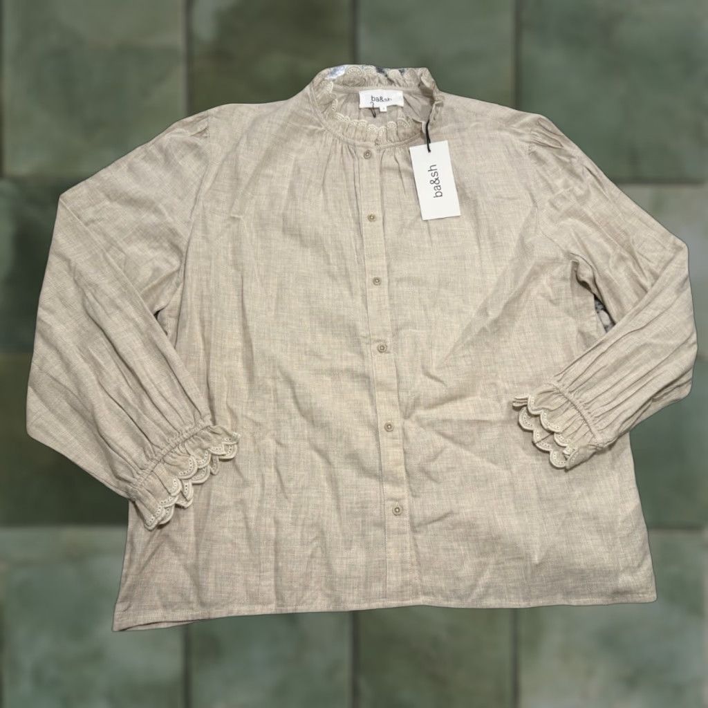 ba&sh VINTAGE ba&sh Blouse Women's Large Beige Cotton Blend Ruffle Button Long Sleeve Casual Office Travel Size L / US 10 / IT 46 - 1 Thumbnail