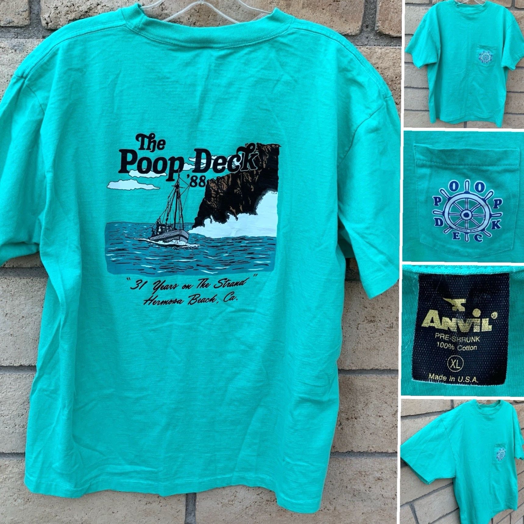 Anvil VINTAGE Anvil T-Shirt Pocket Tee Shirt 80s 1980s Hermosa Beach POOP DECK The ‘88 XL Green Cotton Mens Size US XL / EU 56 / 4 - 2 Thumbnail
