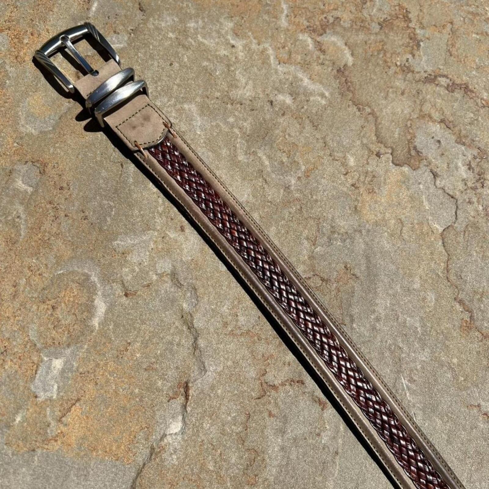 Tommy Bahama Y2K Tan + Brown Two Tone Leather Metal Tip Belt Size ONE SIZE - 2 Thumbnail