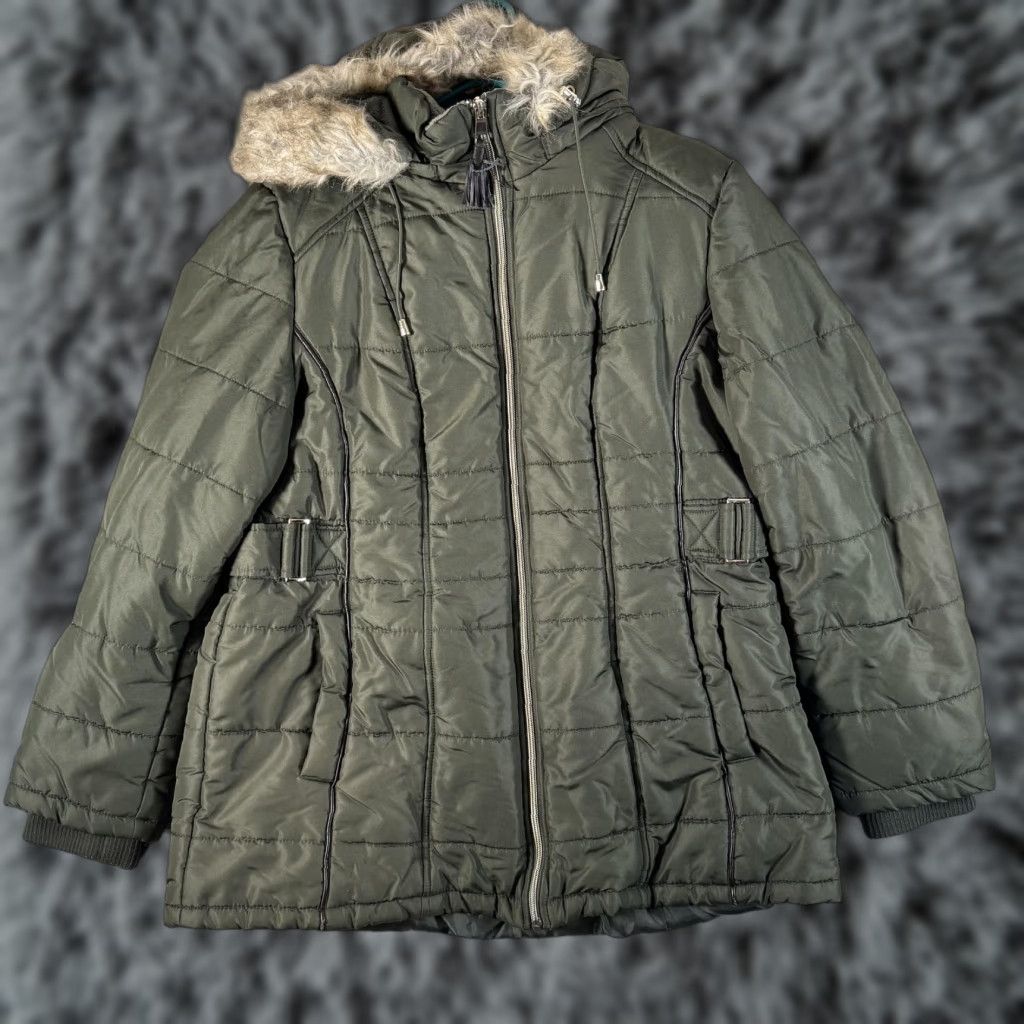 Vintage d.e.t.a.i.l.s INTL Jacket Womens Large Green Puffer Quilted Parka Faux Fur Hood Zipper Insulated Size L / US 10 / IT 46 - 1 Thumbnail