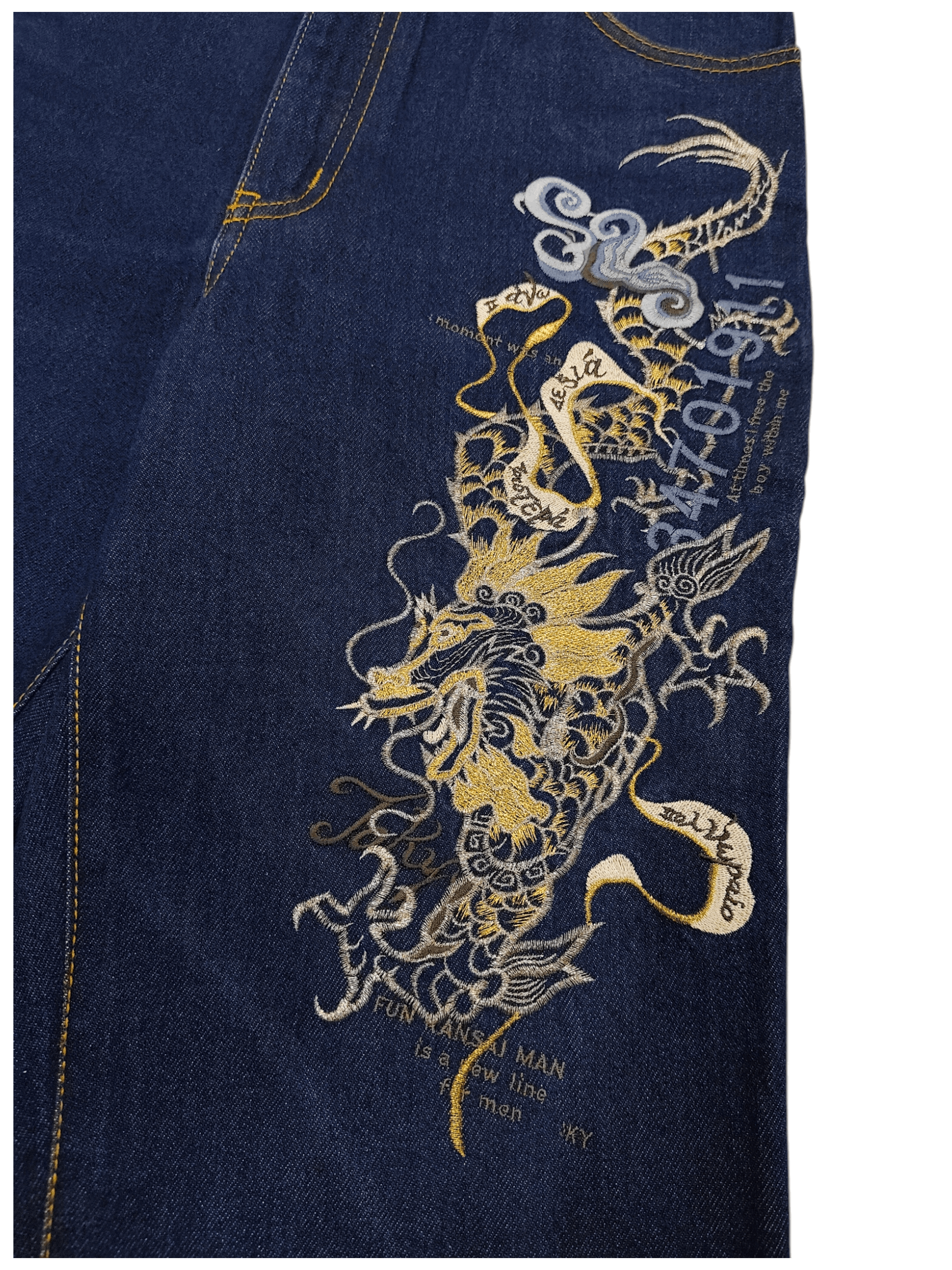 Kansai Yamamoto 90s Kansai Impact- Archive Gold Dragon Embrodiered Art Jeans Size US 29 - 1 Thumbnail