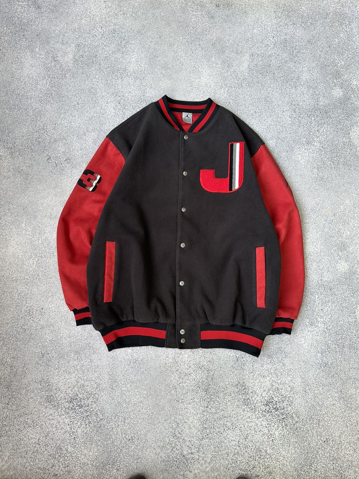 image of Jordan Nike Vintage Jordan Big Logo Varsity Bomber Jacket in Black/Red, Men's (Size XL)