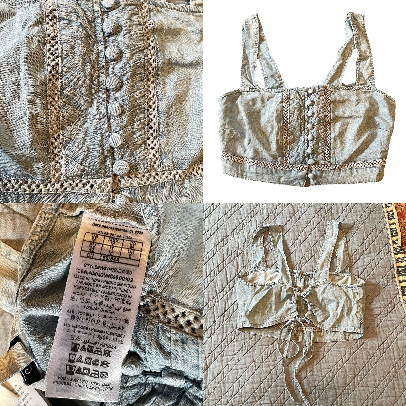 Guess GUESS Chambray Eco Women’s Sleeveless Jaylani Crop Top M NWT Adjustable Back Shirt Womens Crop Top Summer Boho 70s Fashion (Blue) Size M / US 6-8 / IT 42-44 - 8 Thumbnail
