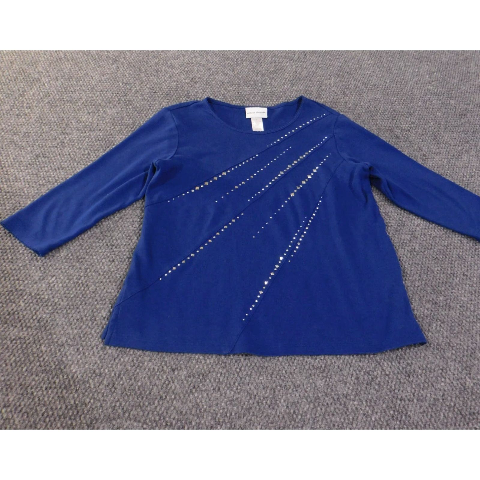 Vintage Alfred Dunner Blouse Shirt Women S Blue Knit Beaded Beads Rhinestones Round Neck Long Sleeve Stretch Casual Size S / US 4 / IT 40 - 2 Thumbnail