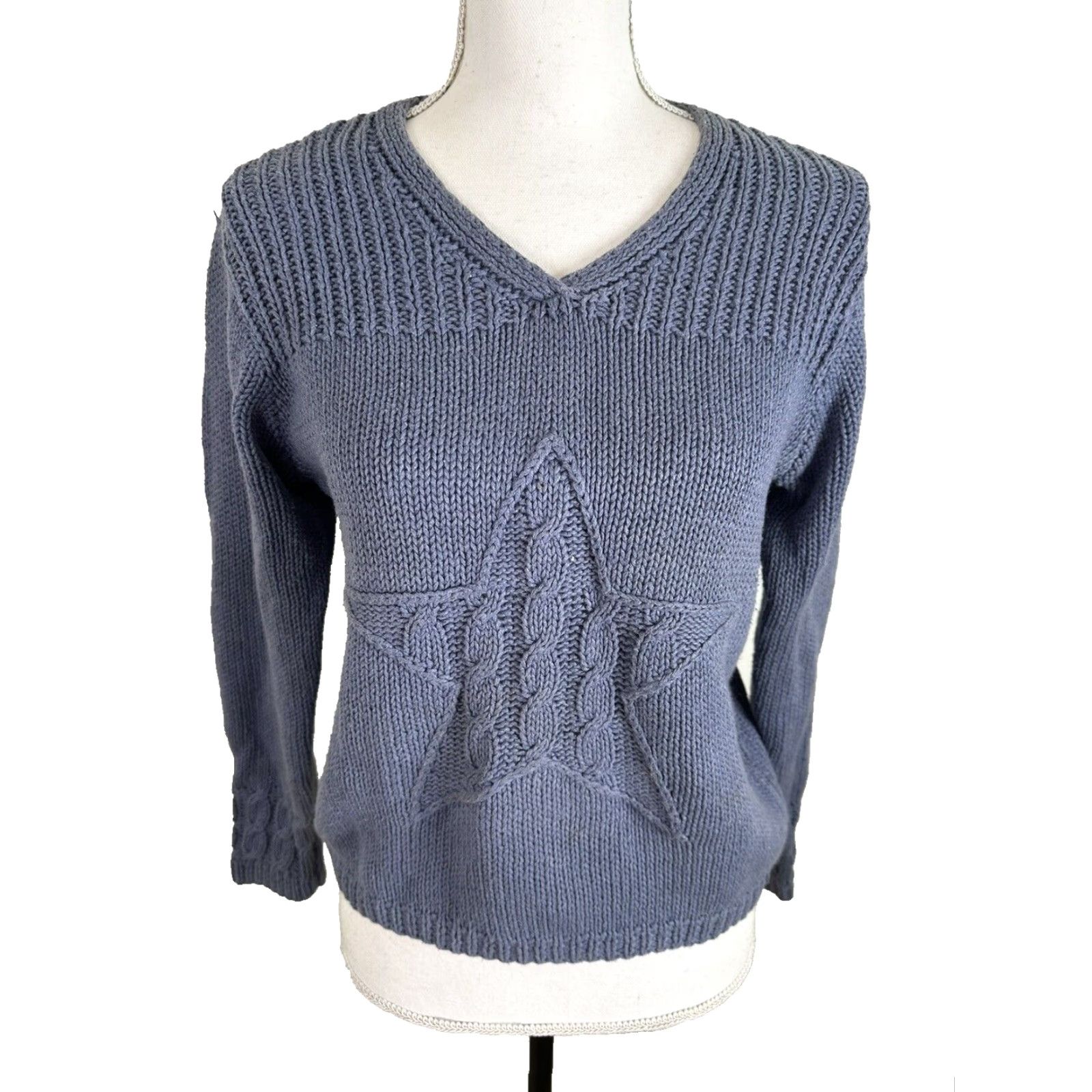 Vintage VINTAGE 90s Hand knit Blue Cotton Boxy Fit Crop Sweater Stars/Strips S Small Women Pullover V-Neck Long Sleeve Knit Size S / US 4 / IT 40 - 5 Thumbnail