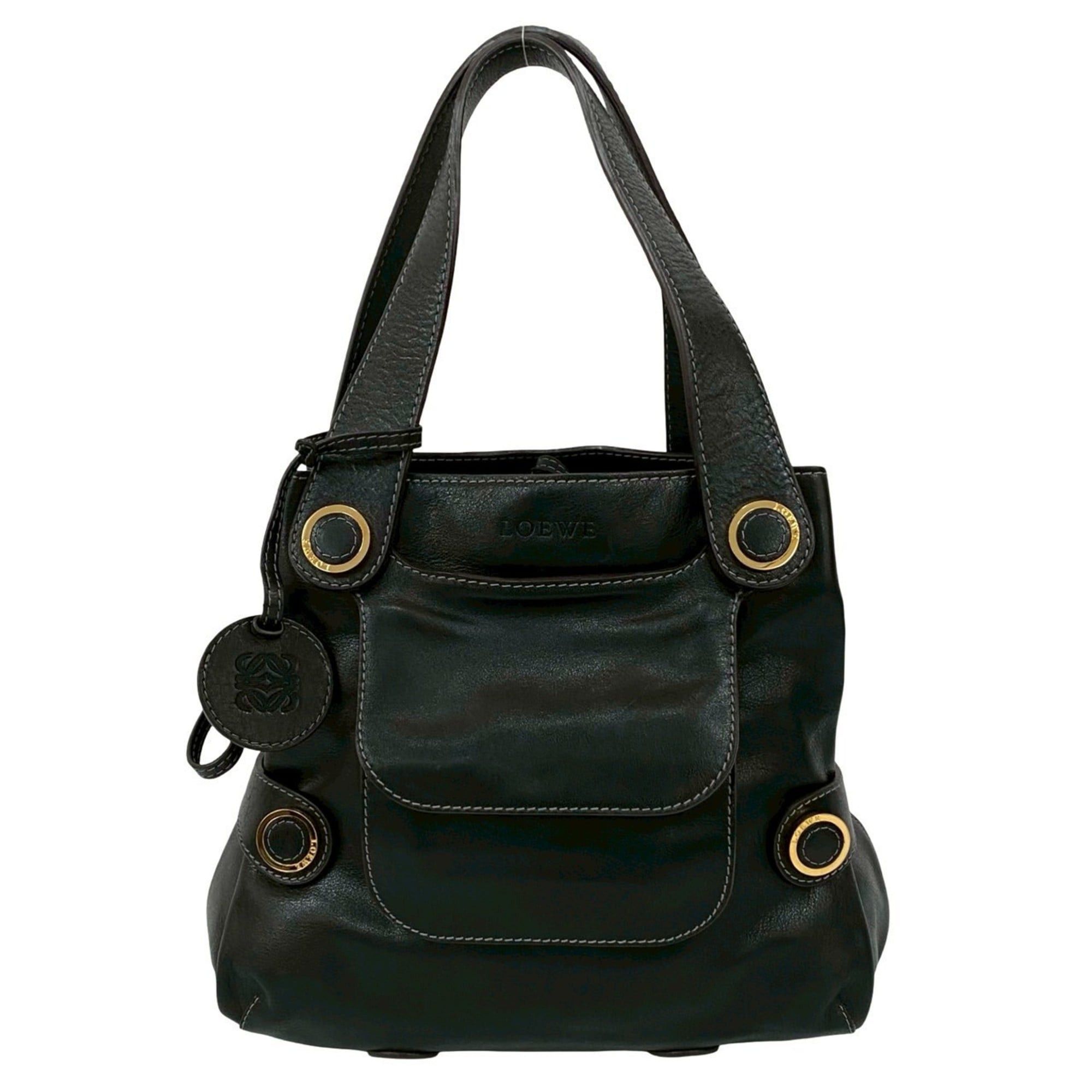 Loewe Anagram Leather Tote Bag, Semi-Shoulder Handbag, Boston Black, 38750, Women's