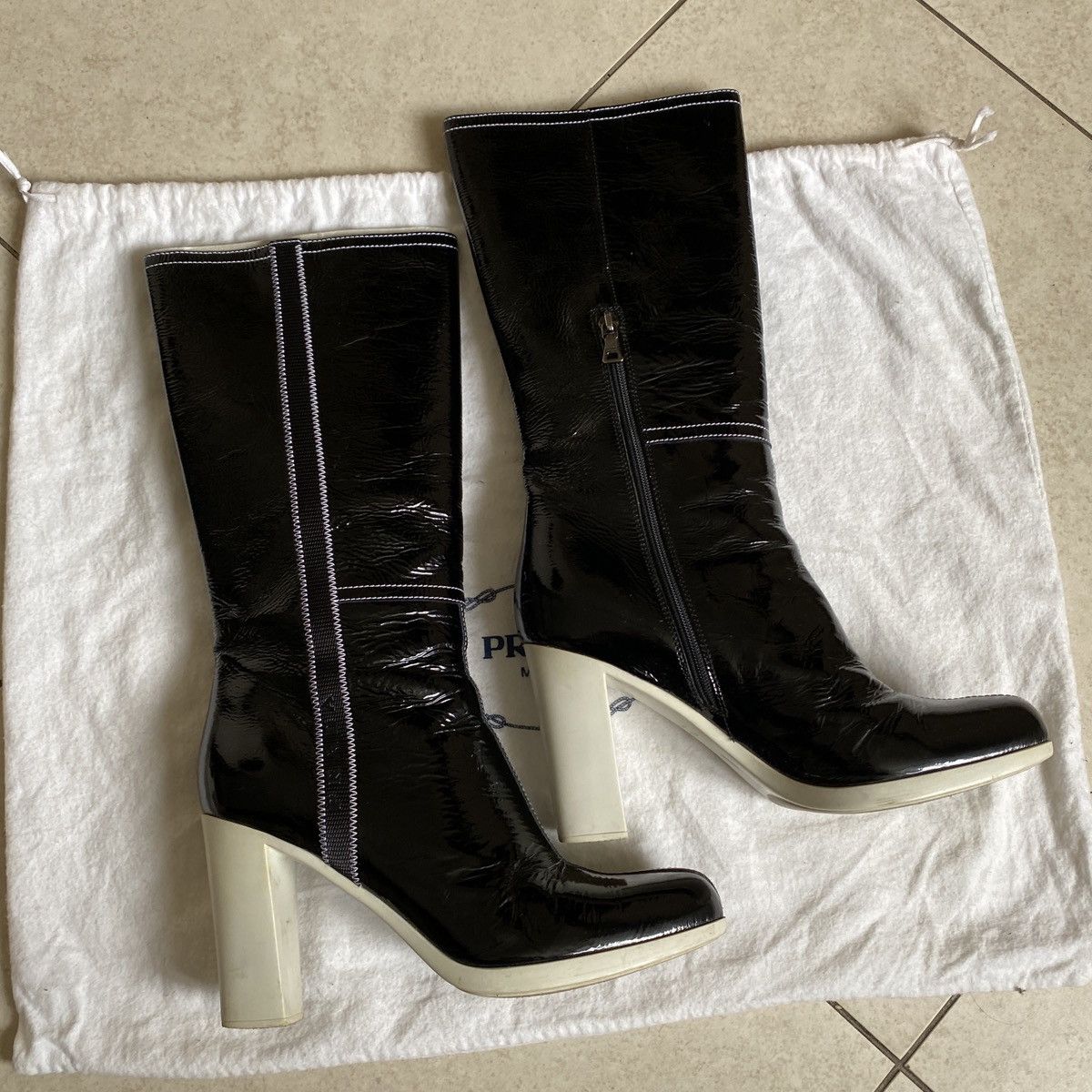 Prada Prada Contrast Stitch Logo Mid Calf Patent Leather Boots Size US 8 / IT 38 - 2 Thumbnail